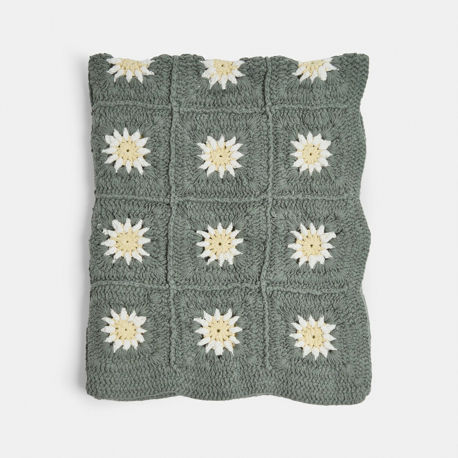 Plaid Poppeline Cojín tejido a mano con diseño floral en verde y crema, decoración para el hogar