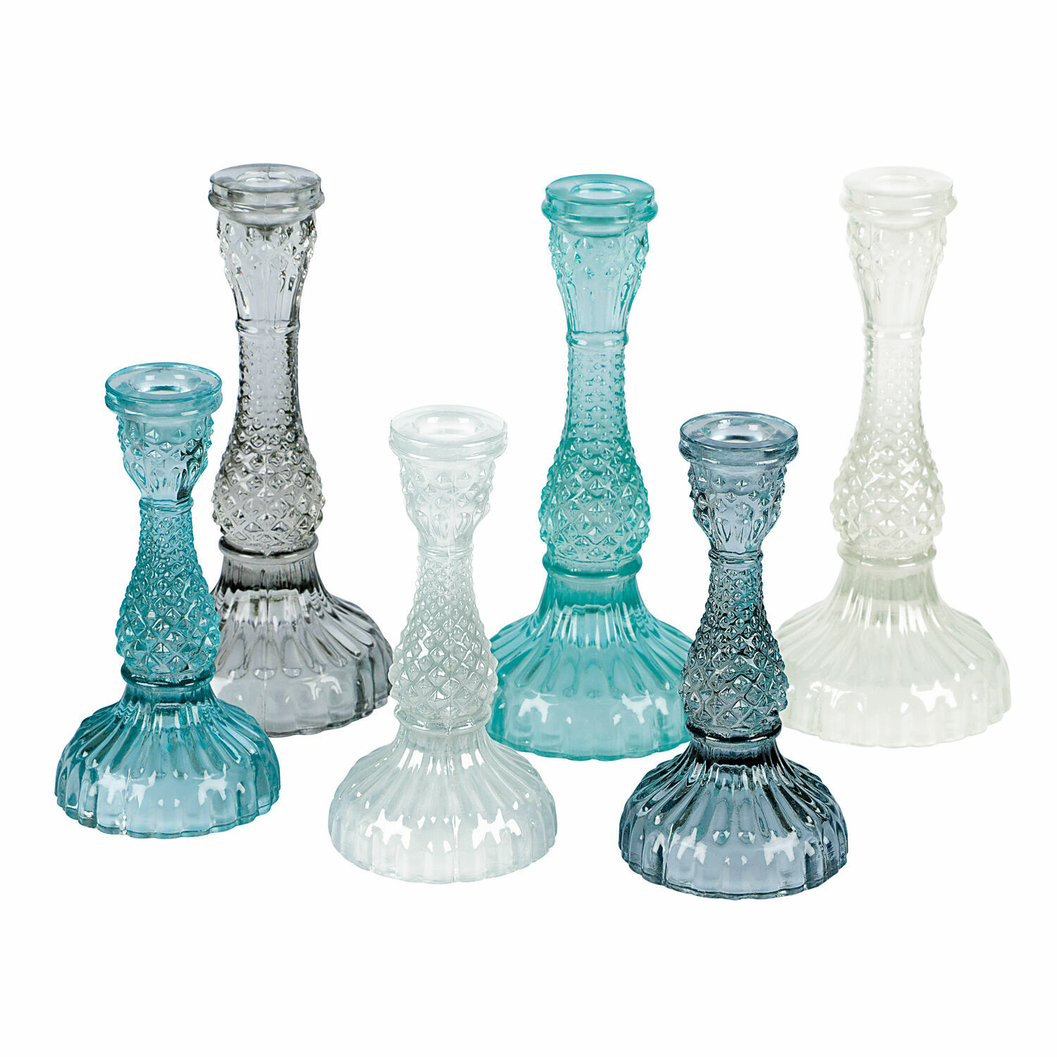 Set de 6 candelabros Moana de vidrio azul y blanco, decoración elegante para mesa