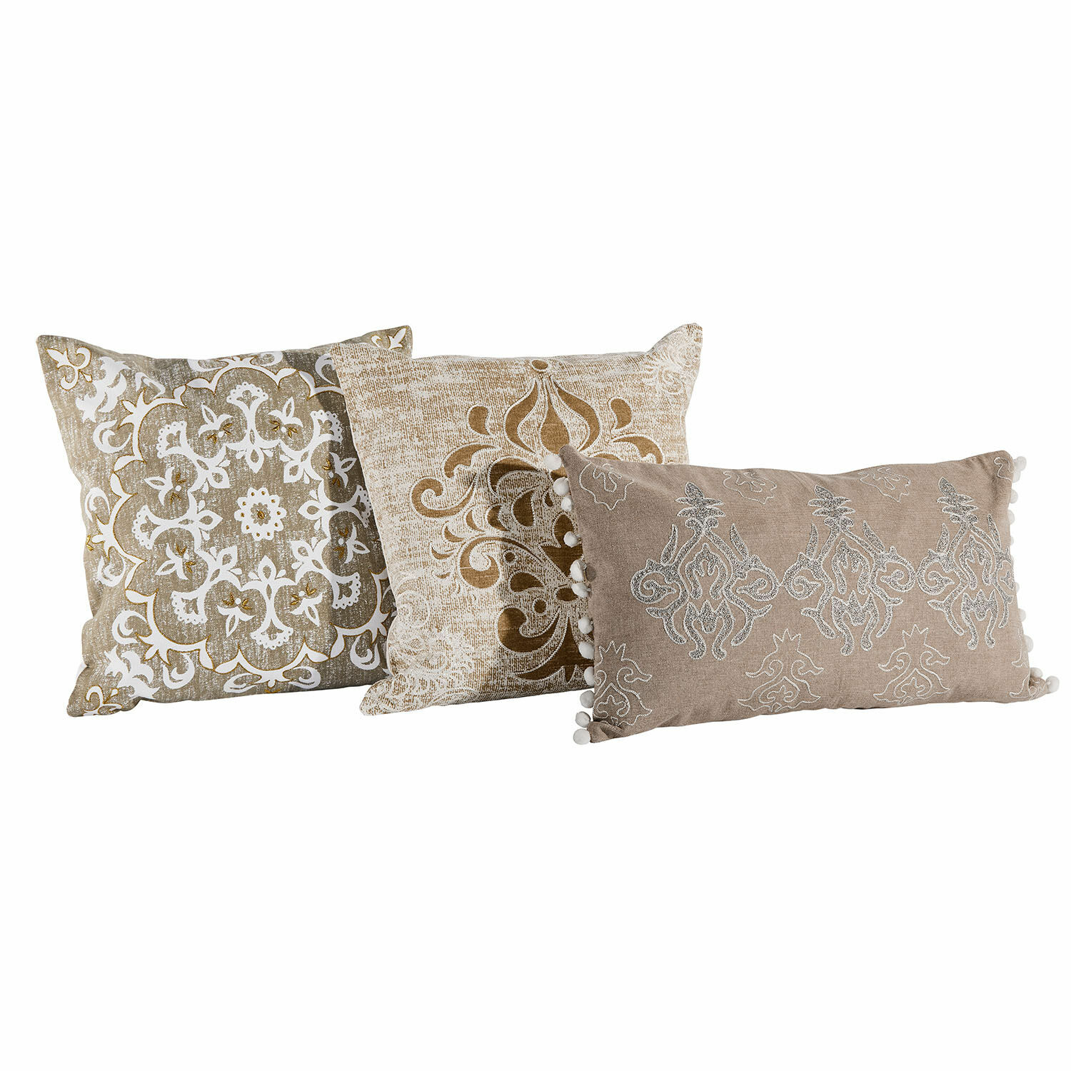 Set de 3 fundas de cojín Emelin Conjunto de tres cojines decorativos beige con patrones y pompones, textiles para sala de estar