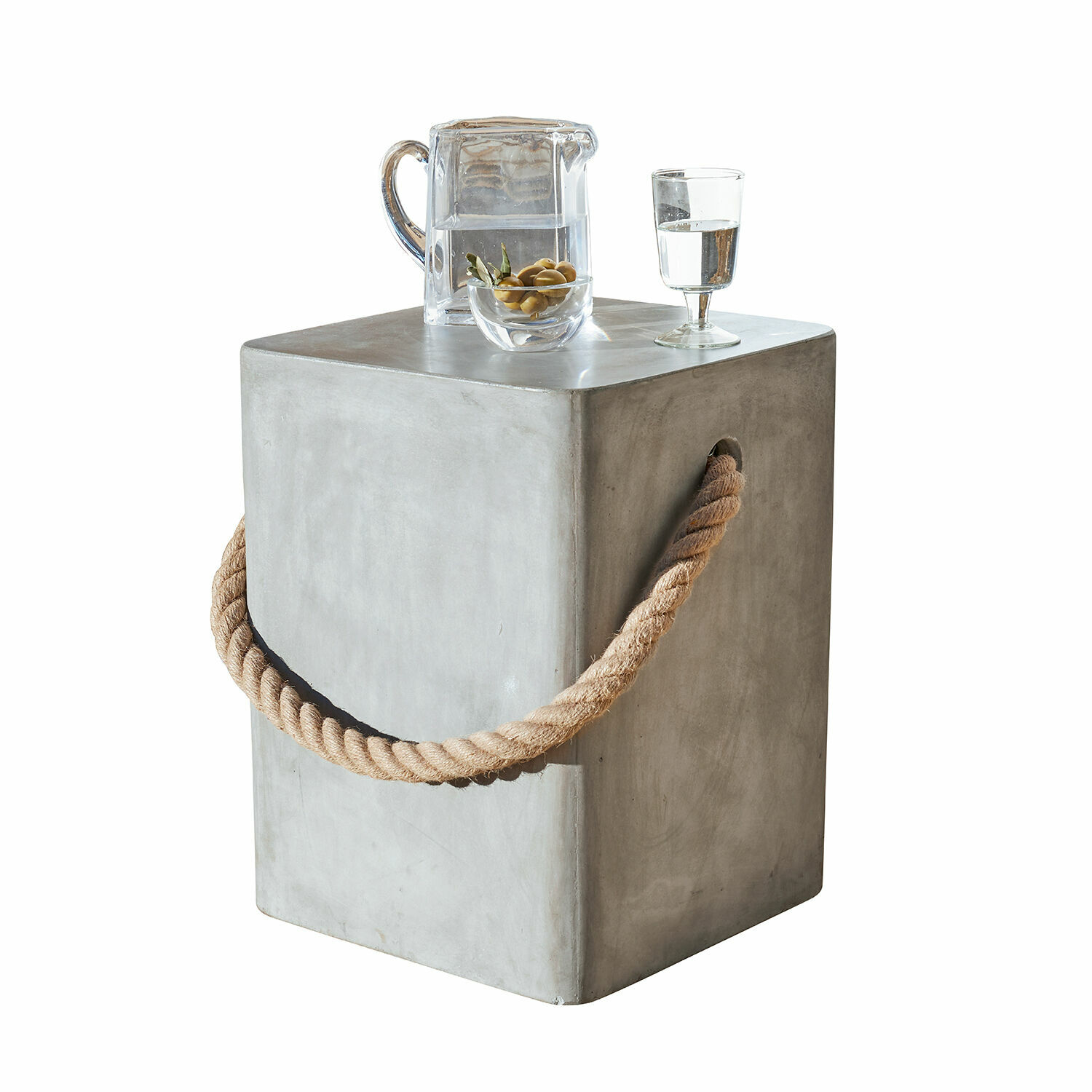 Mesa auxiliar Kaedi Mesa cuadrada de hormigón gris con asa de cuerda gruesa, mueble decorativo moderno