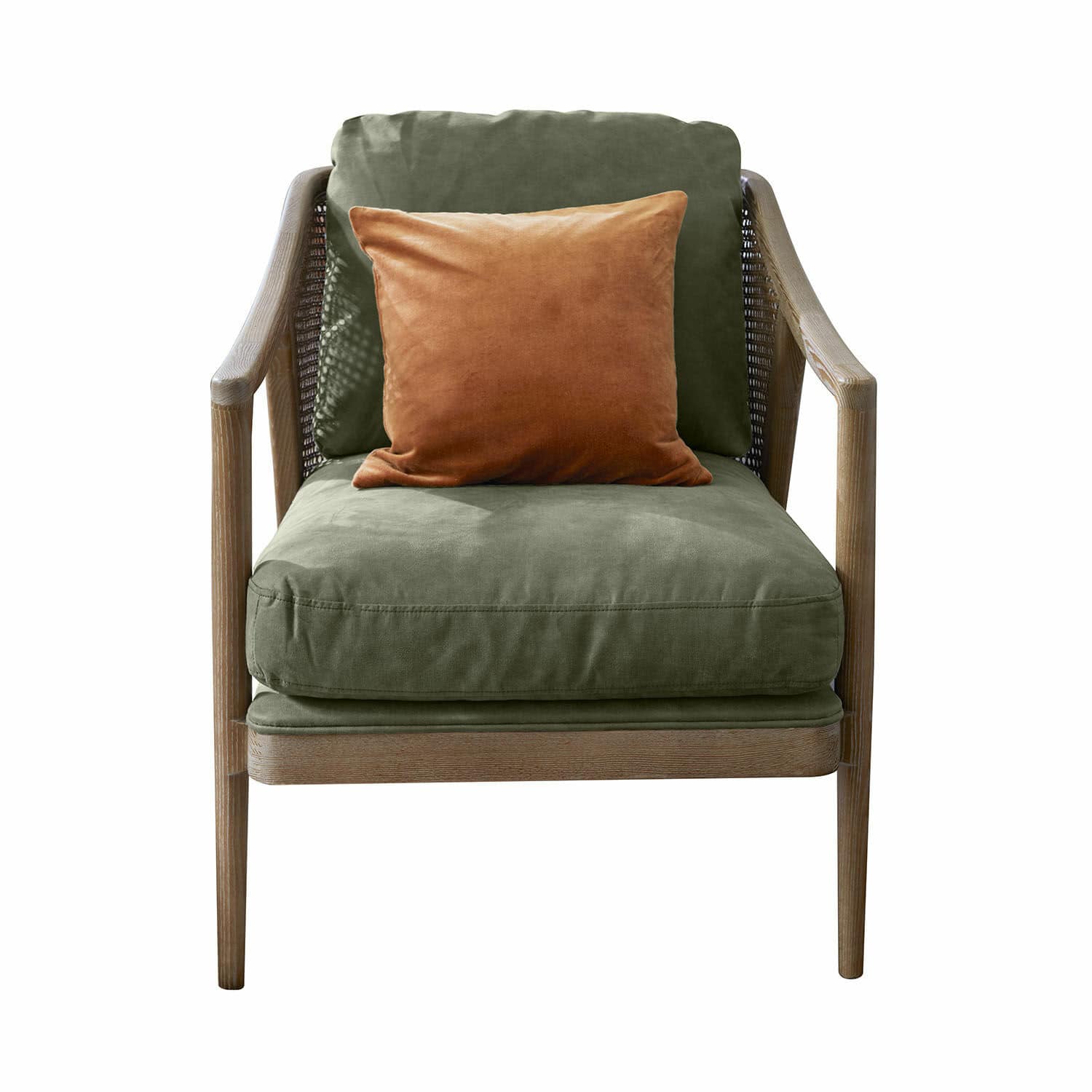 Sillón Monterina Sillón con estructura de madera, tapizado verde y cojín decorativo naranja