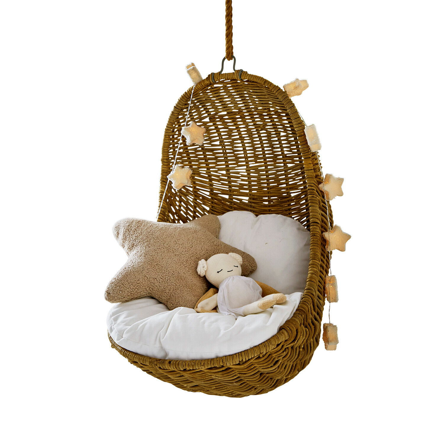 Silla colgante para niños Twinkla Sillón colgante de ratán con cojín blanco, cojín estrella beige y muñeca de peluche suave