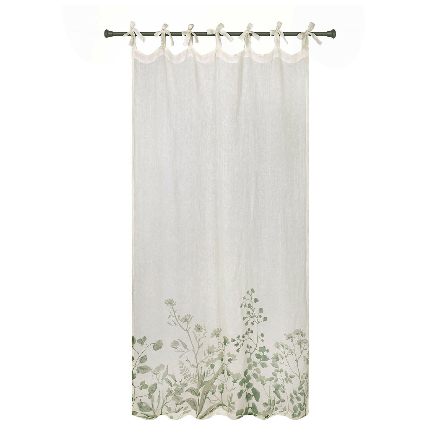 Cortina de lino blanca con diseño vegetal verde en la parte inferior, ligera y decorativa