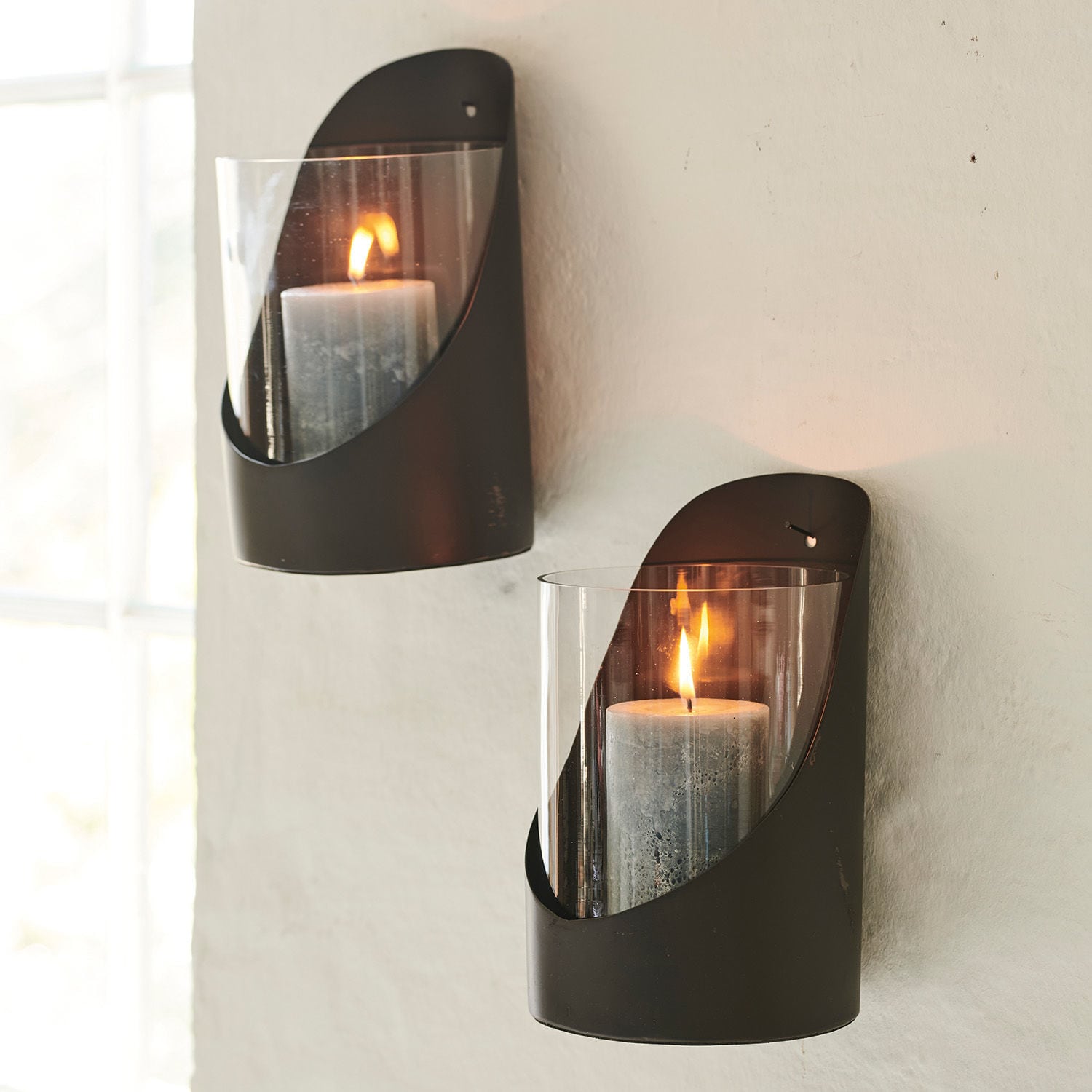 Set de 2 farolillos Paillon Par de apliques de pared de metal negro con vidrio transparente y velas para decoración interior