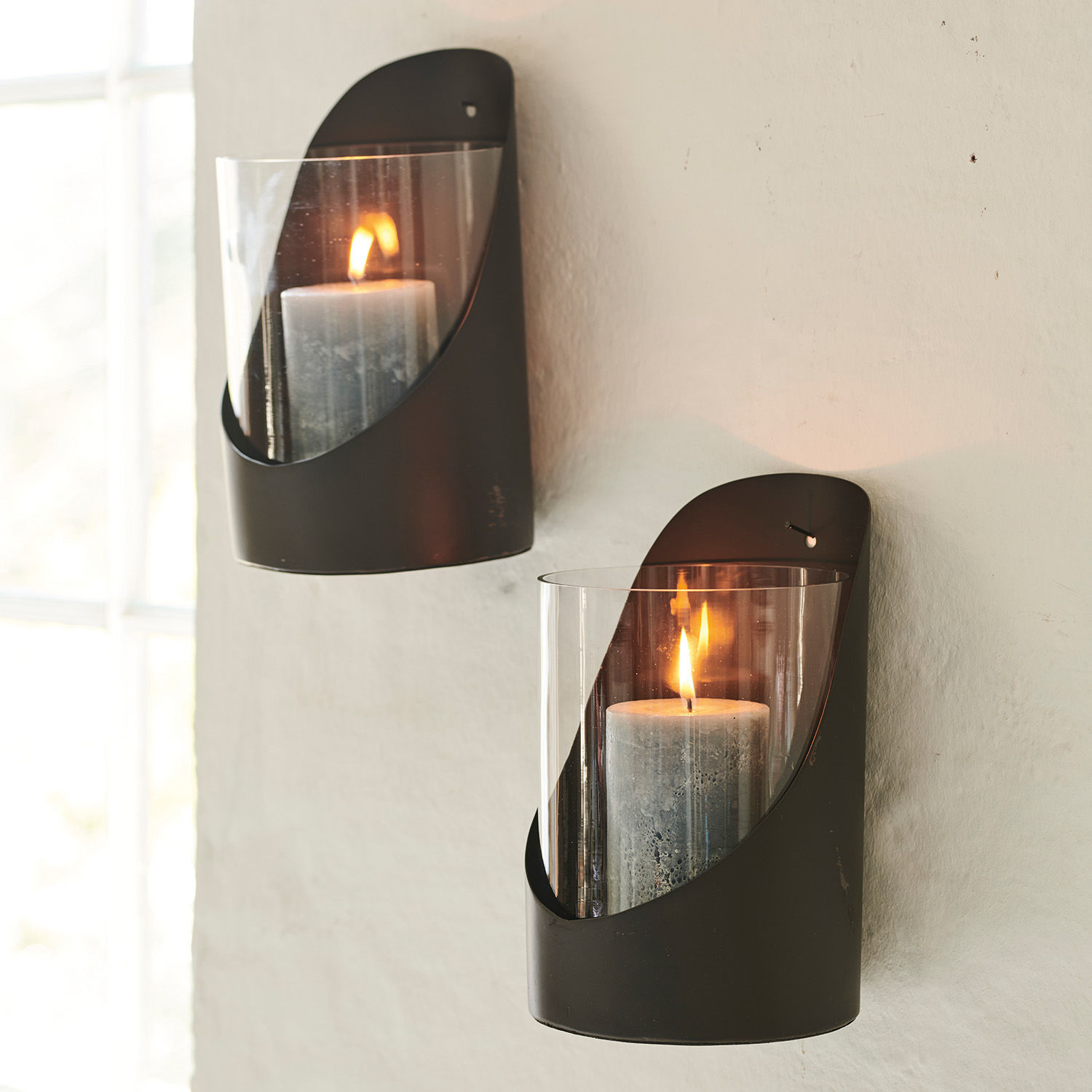 Set de 2 farolillos Paillon Par de apliques de pared de metal negro con vidrio transparente y velas para decoración interior