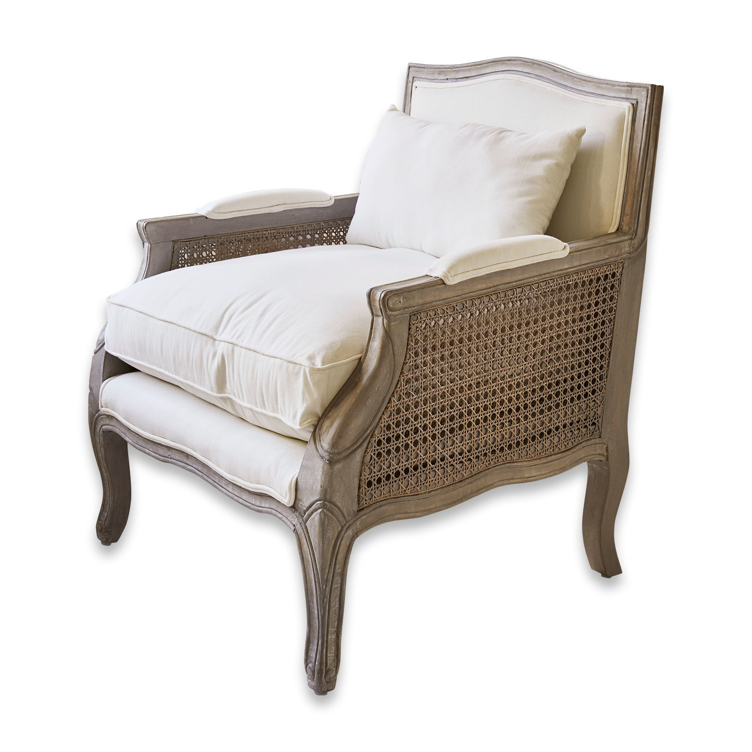 Sillón Alfort Sillón elegante de madera y ratán gris con cojines crema para sala de estar cómoda