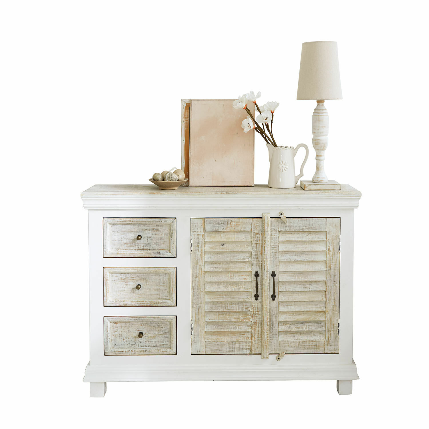 Cómoda Nevellique Cómoda blanca de madera con tres cajones y dos puertas estilo vintage con decoración
