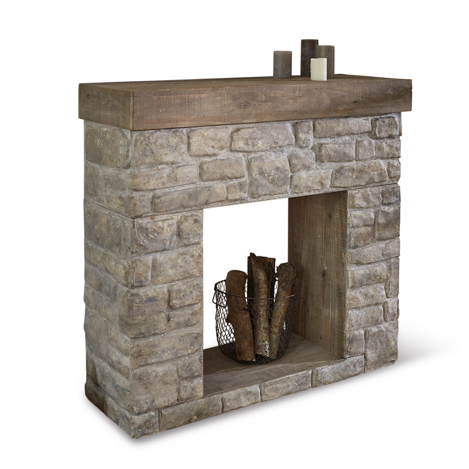 Consola de chimenea Evreux Chimenea decorativa de madera y piedra artificial gris con cesta para leña interior