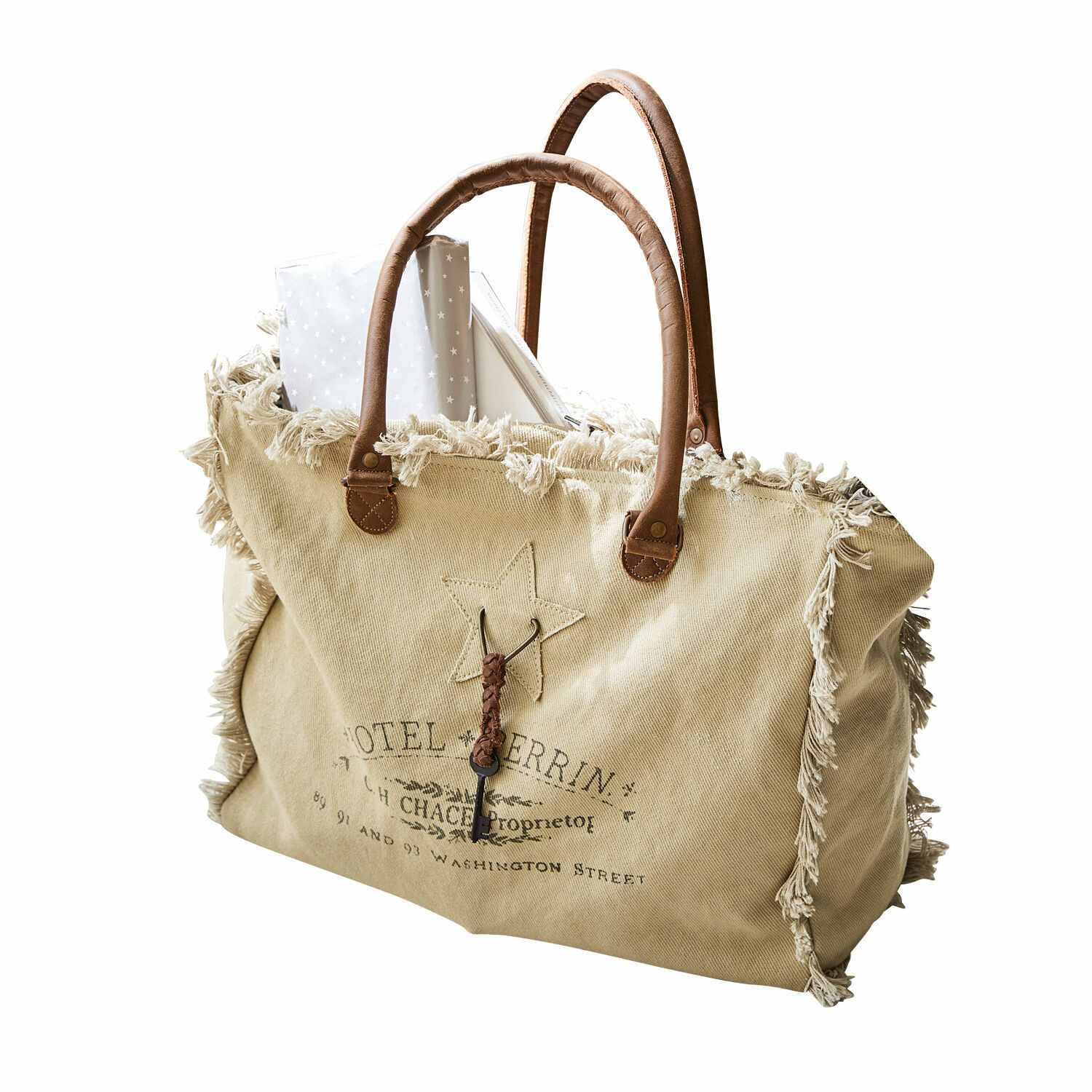 crema Bolso Elora crema de tela con asas marrones y flecos decorativos, estilo vintage elegante