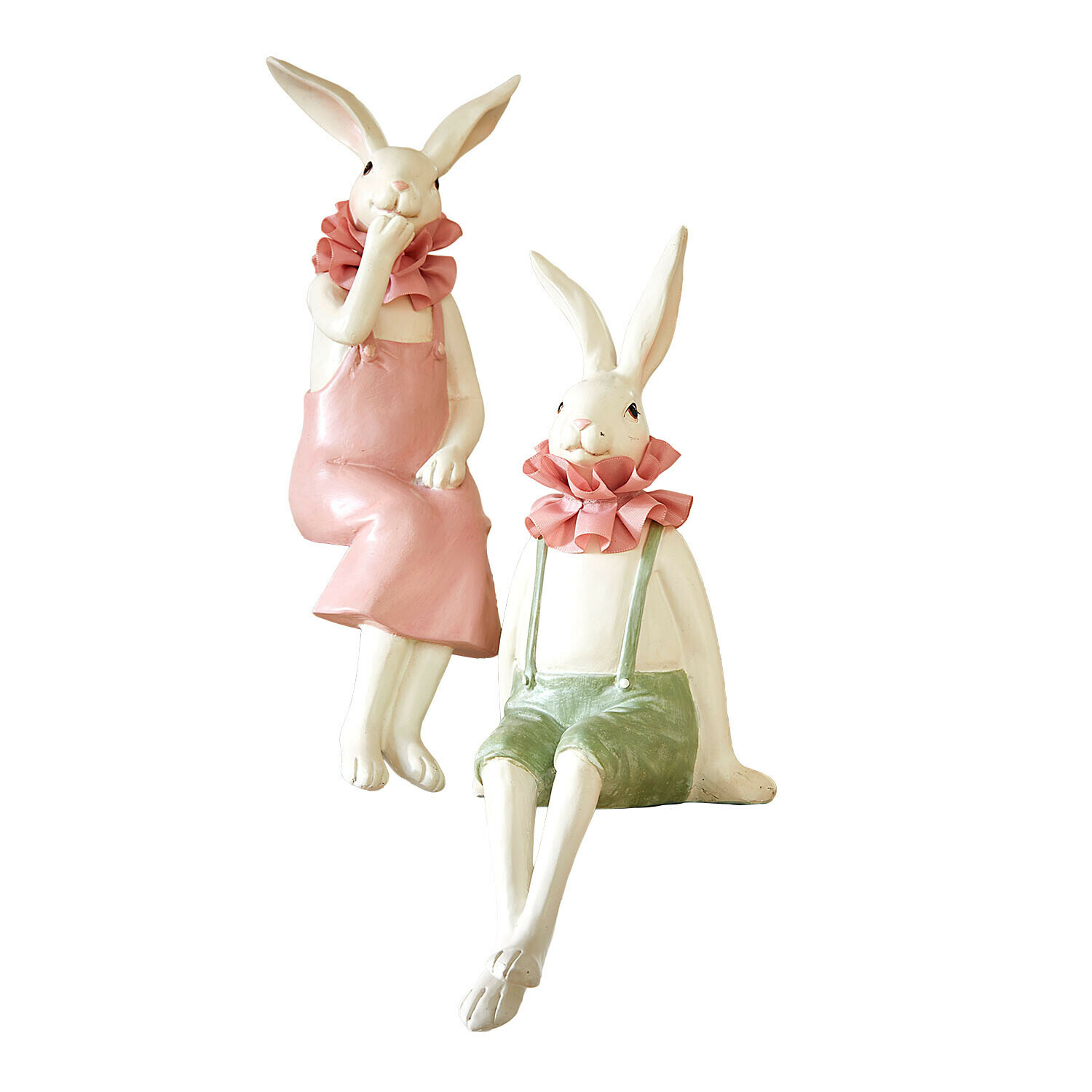 Set de 2 conejos decorativos Vent Élysien Dos figuras decorativas de conejos de cerámica con ropa pastel y cuellos rosas