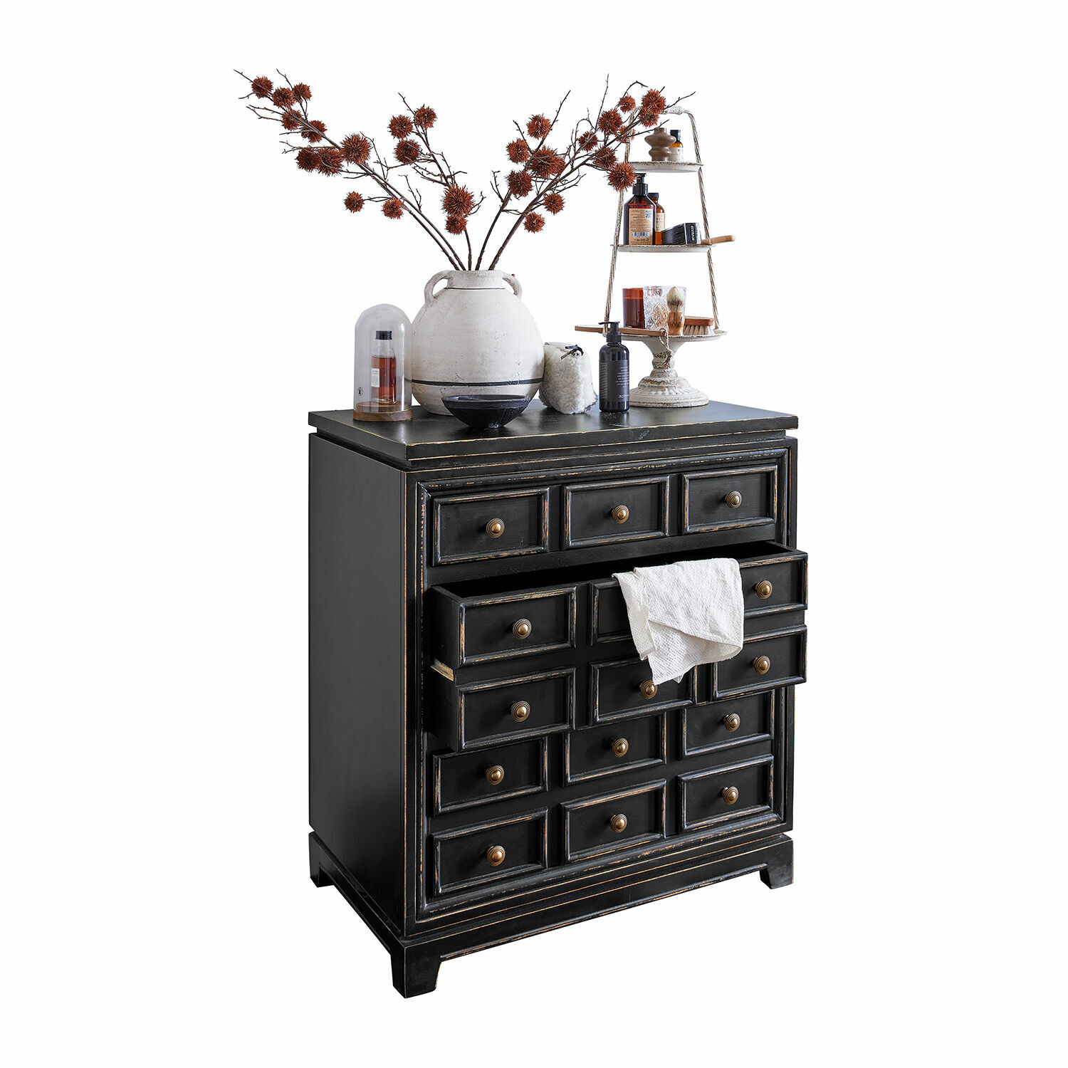 Cómoda Néryville Cómoda negra de madera con múltiples cajones y tiradores decorativos estilo vintage