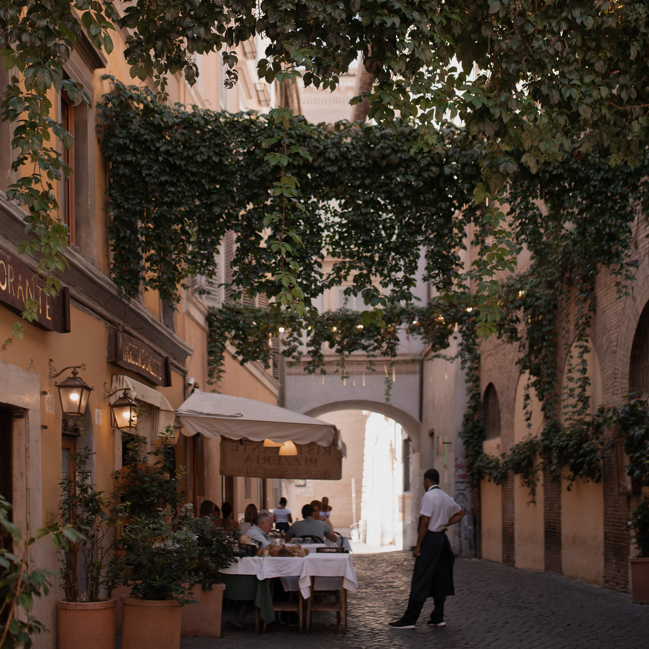 Calle empedrada con restaurante y terraza bajo enredaderas verdes, ambiente acogedor