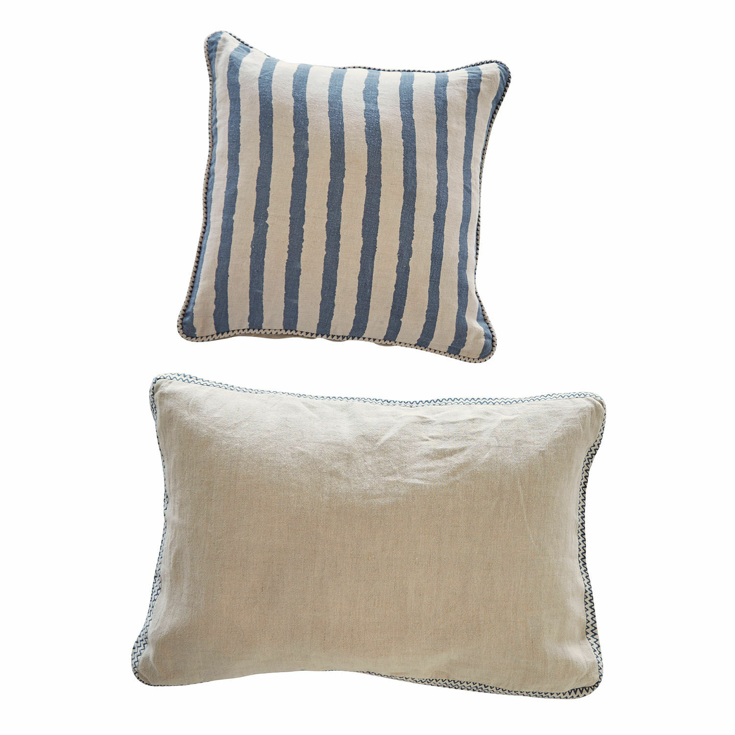 Set de 2 fundas de cojín Alarindor Conjunto de dos cojines decorativos de algodón en beige y azul con rayas para sala