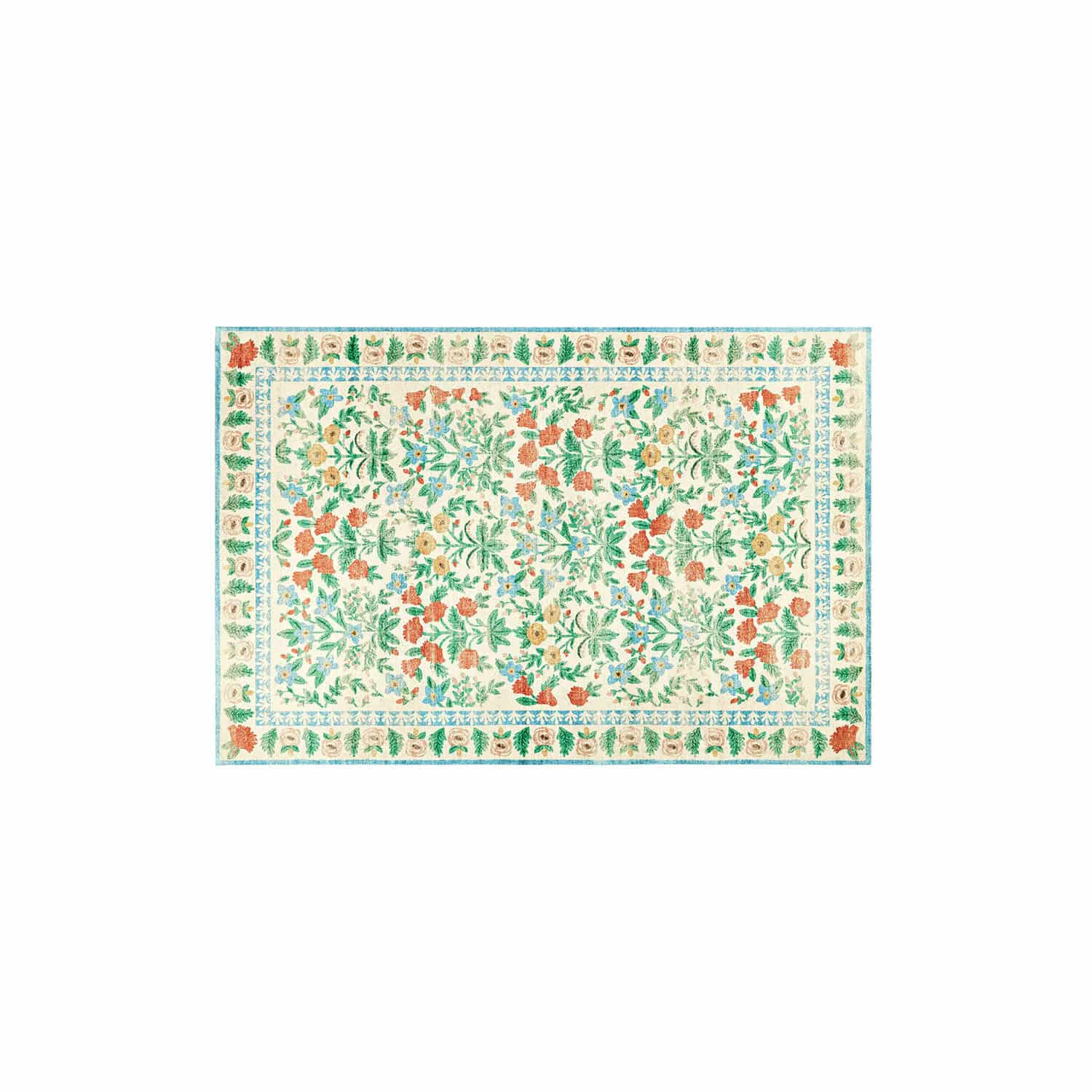 Alfombra Jallorin colorida con diseño floral sobre fondo claro, material suave, decoración
