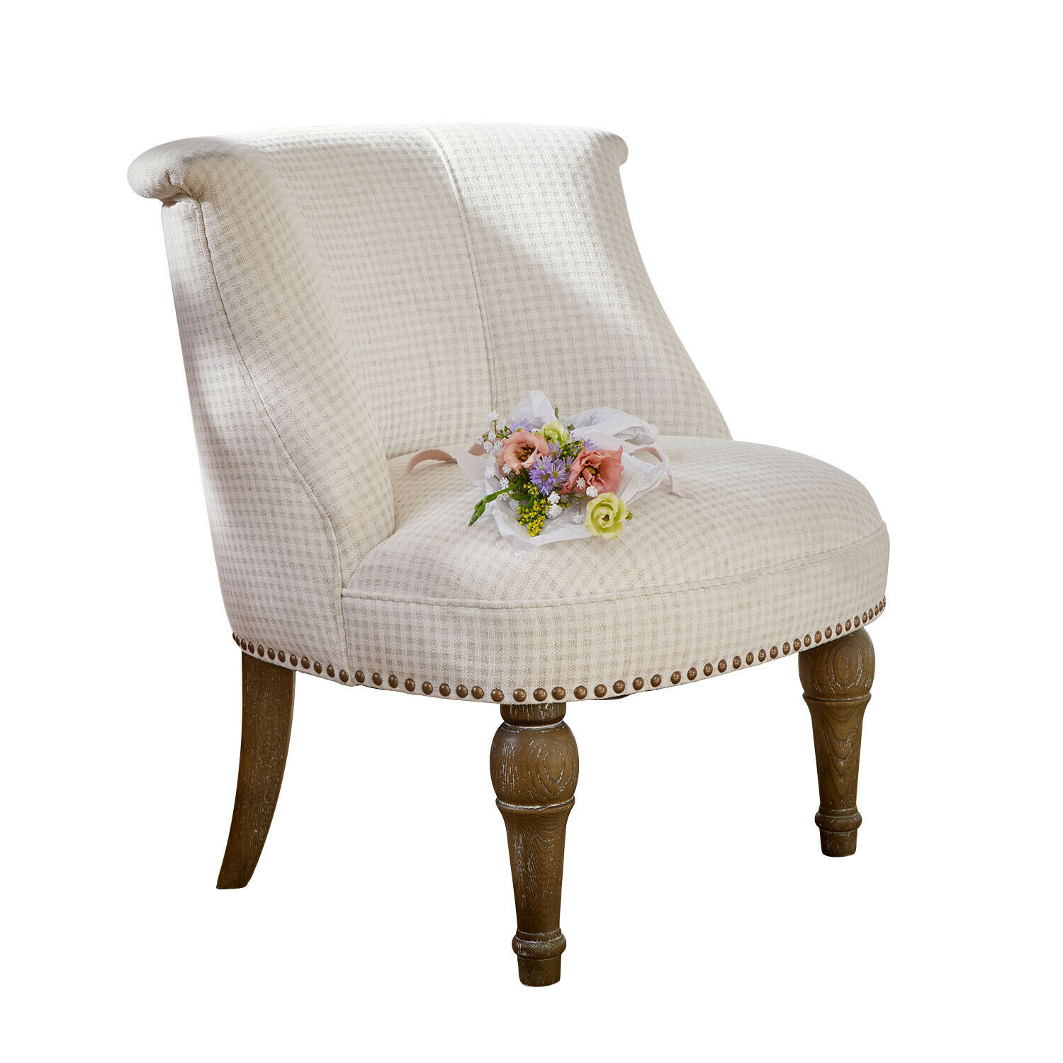 beige/marrón Sillón Francet beige de tela a cuadros con patas de madera marrón, mueble elegante para salón