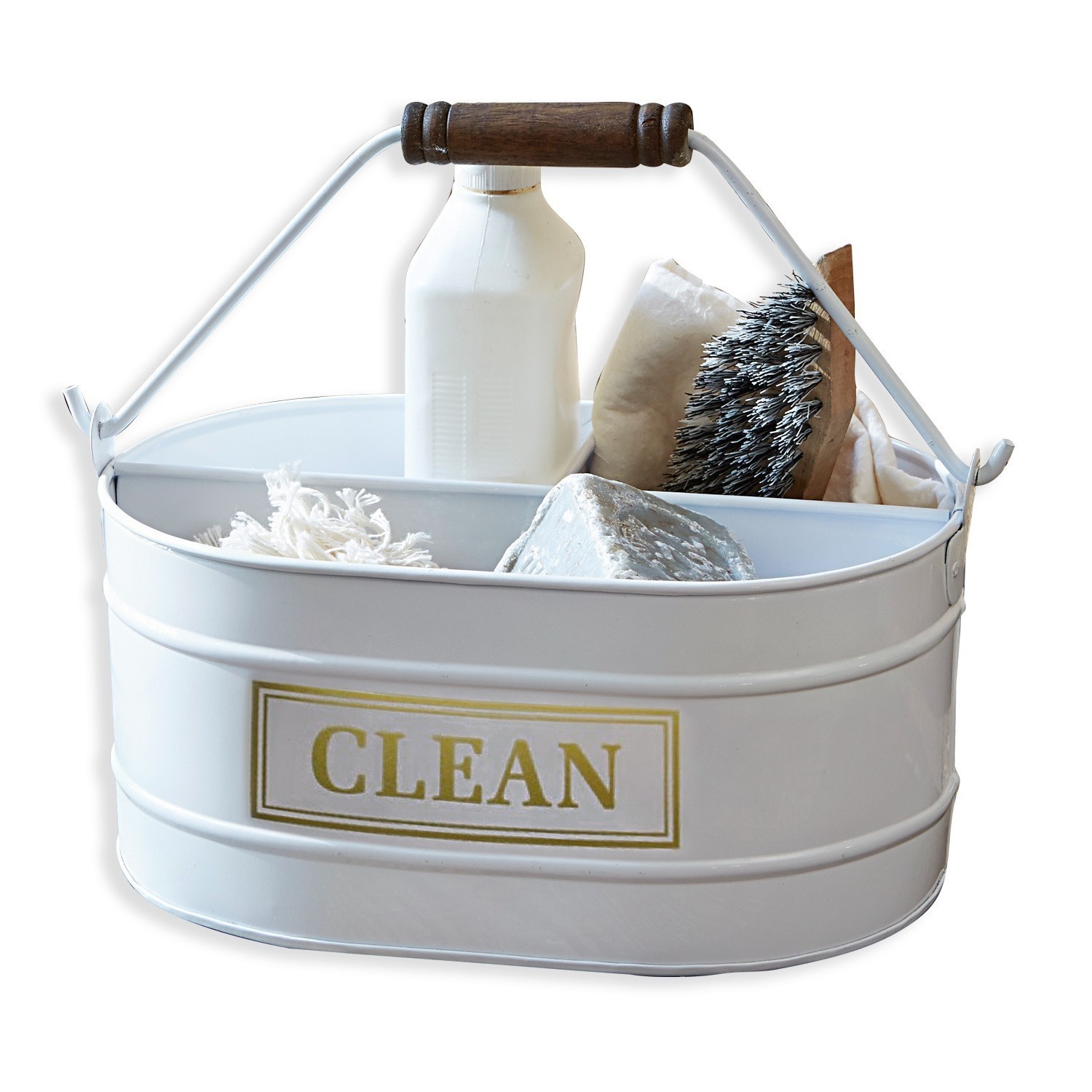Organizador para productos de limpieza Clean Recipiente metálico blanco con asa de madera y accesorios de limpieza, organizador práctico para el hogar