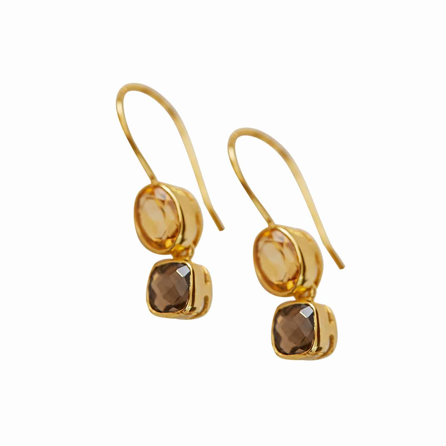 Pendientes Ovique Pendientes dorados con dos piedras facetadas marrones, joyería elegante para mujer