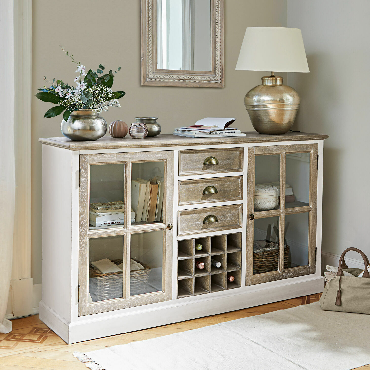 Cómoda Magoffin Aparador de madera blanco y natural con cajones y espacio para vino para salón