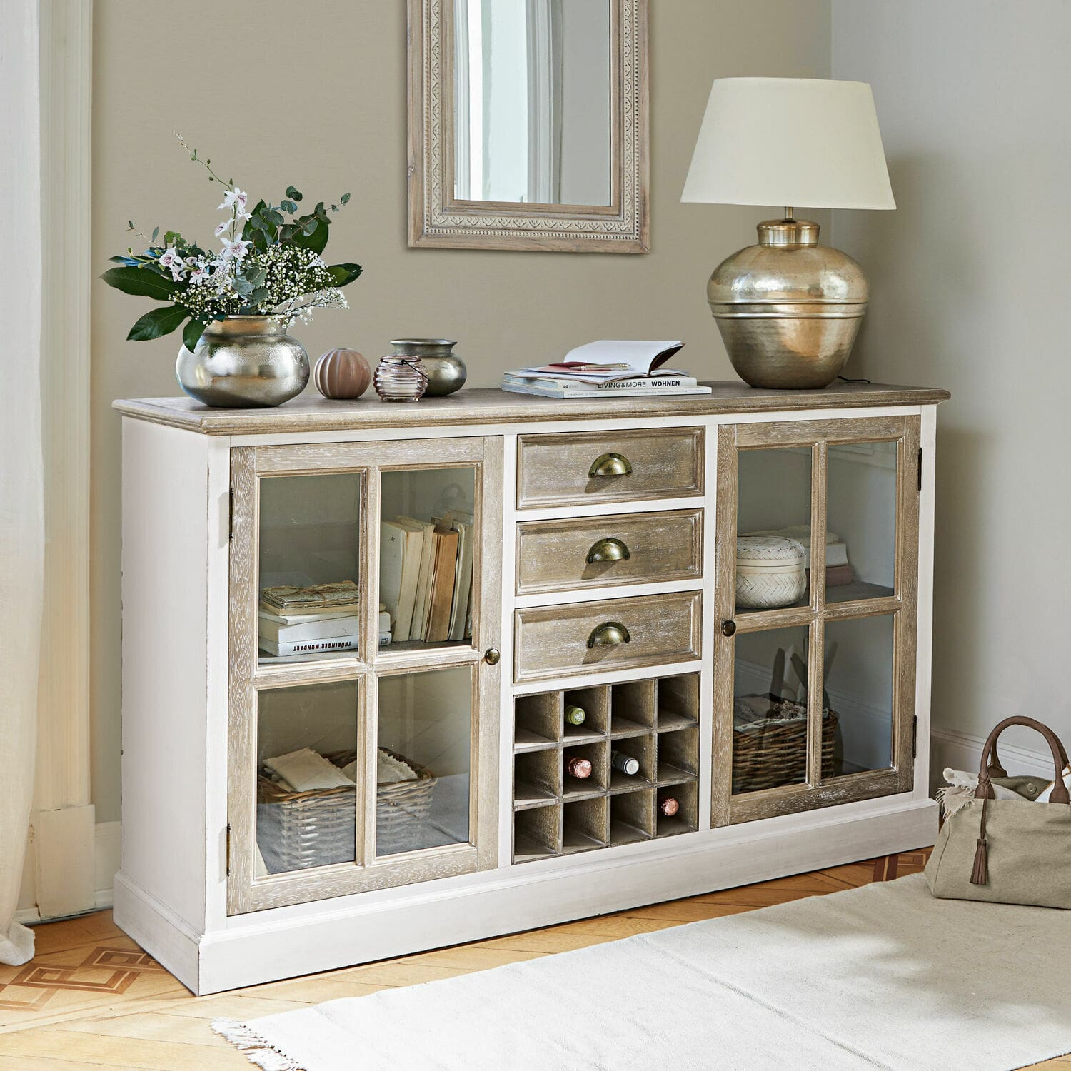 Cómoda Magoffin Aparador de madera blanco y natural con cajones y espacio para vino para salón