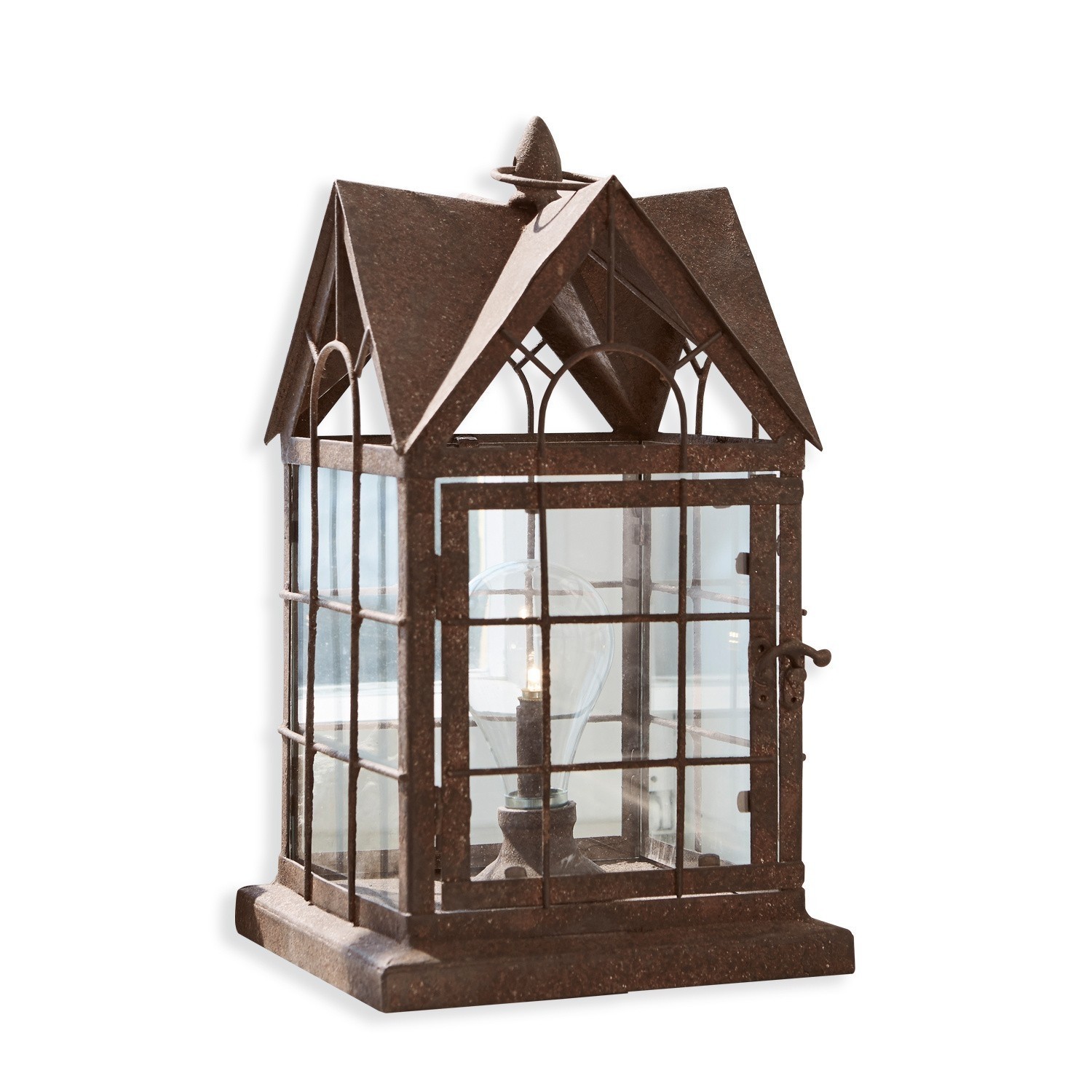 Farol LED Manor House Linterna metálica marrón en forma de casa con vidrio transparente para decoración interior