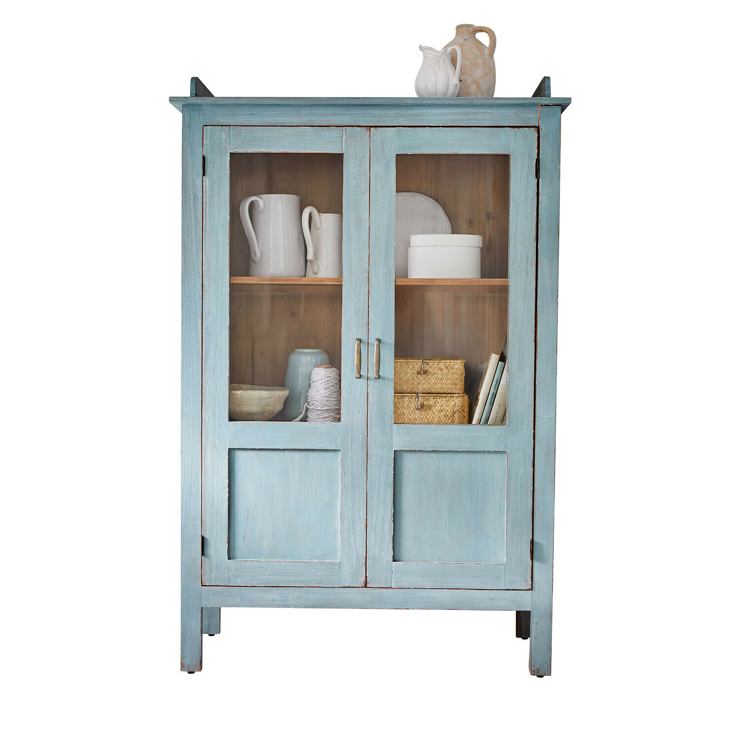 Vitrina Nouvellese Armario de madera azul con puertas de cristal y vajilla decorativa en su interior