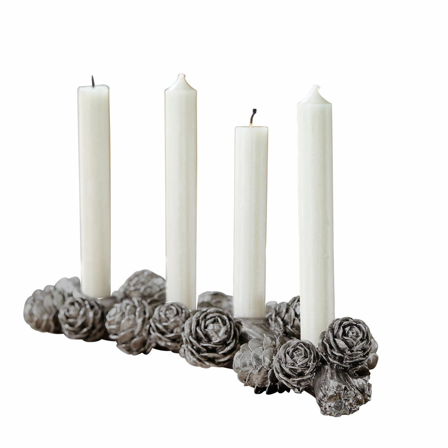 Portavelas Arasta Candelabro decorativo gris con piñas y velas blancas, adorno interior para fiestas