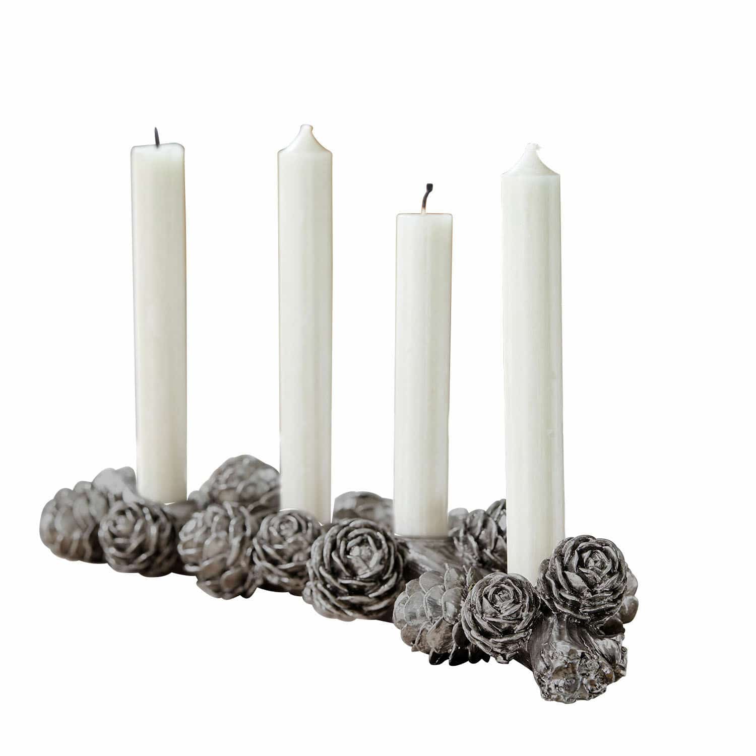 Portavelas Arasta Candelabro decorativo gris con piñas y velas blancas, adorno interior para fiestas