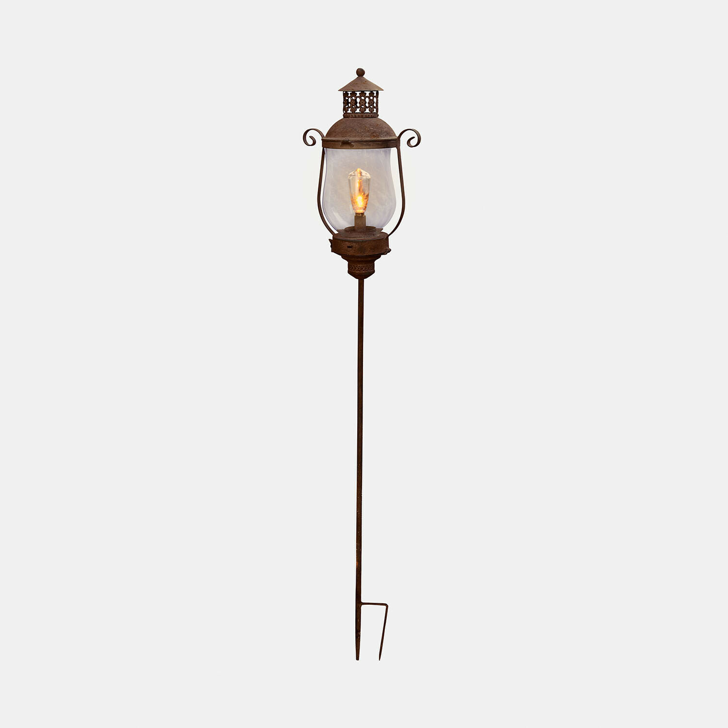 Lámpara de jardín decorativa de metal oxidado con pantalla transparente y luz cálida