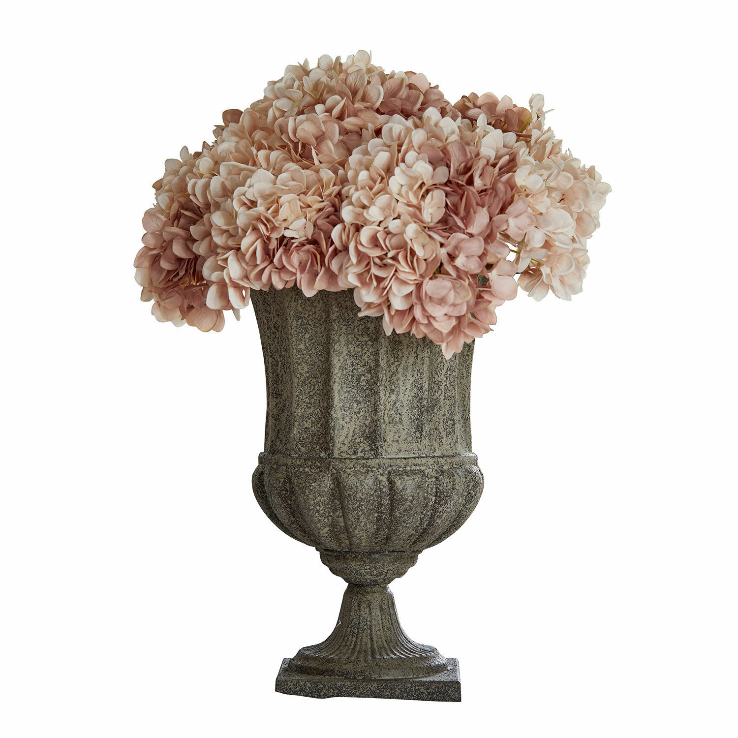 Ánfora Renny Jarrón decorativo de piedra gris con flores de hortensia rosa para interiores y jardines