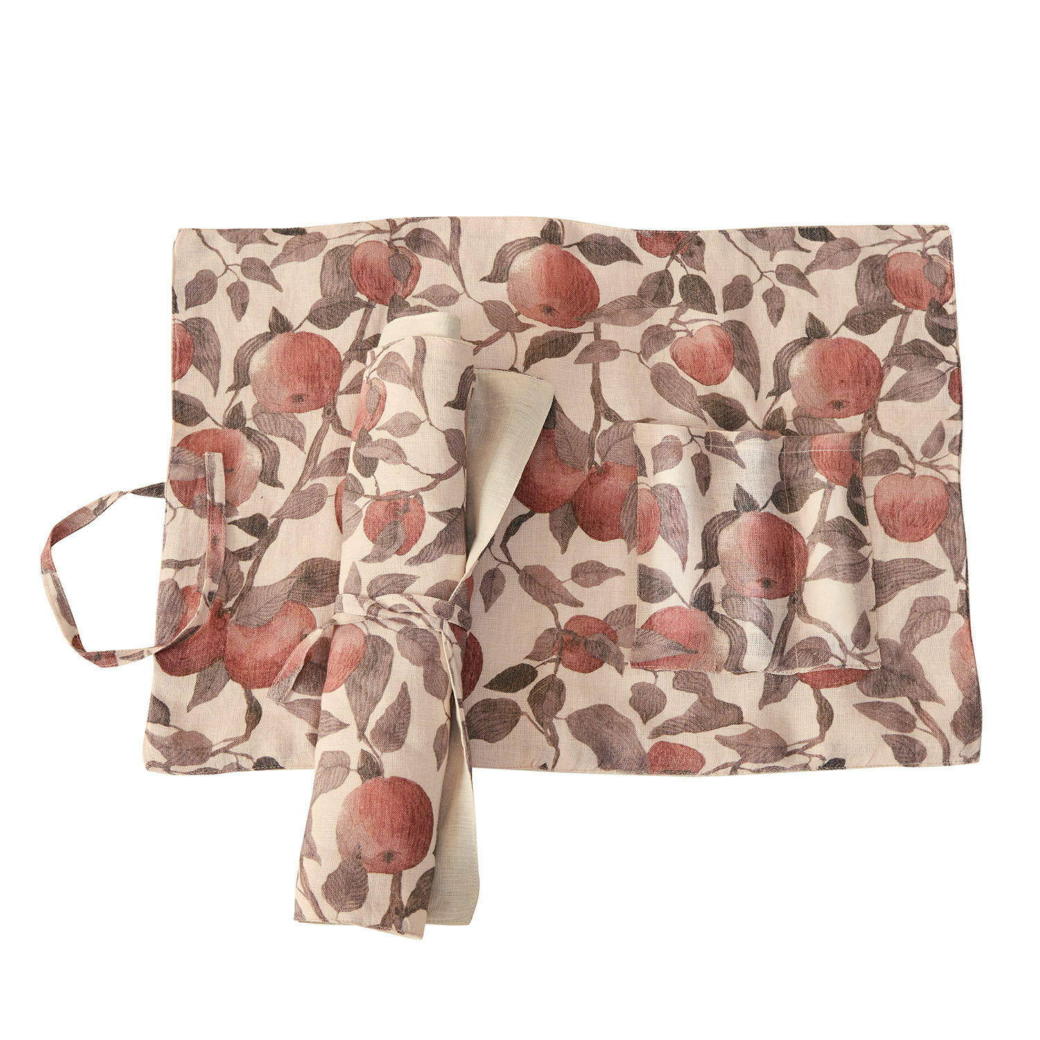 Set de 2 manteles individuales Zaveline Delantal de lino beige con diseño de manzanas rojas y bolsillos, accesorio de cocina