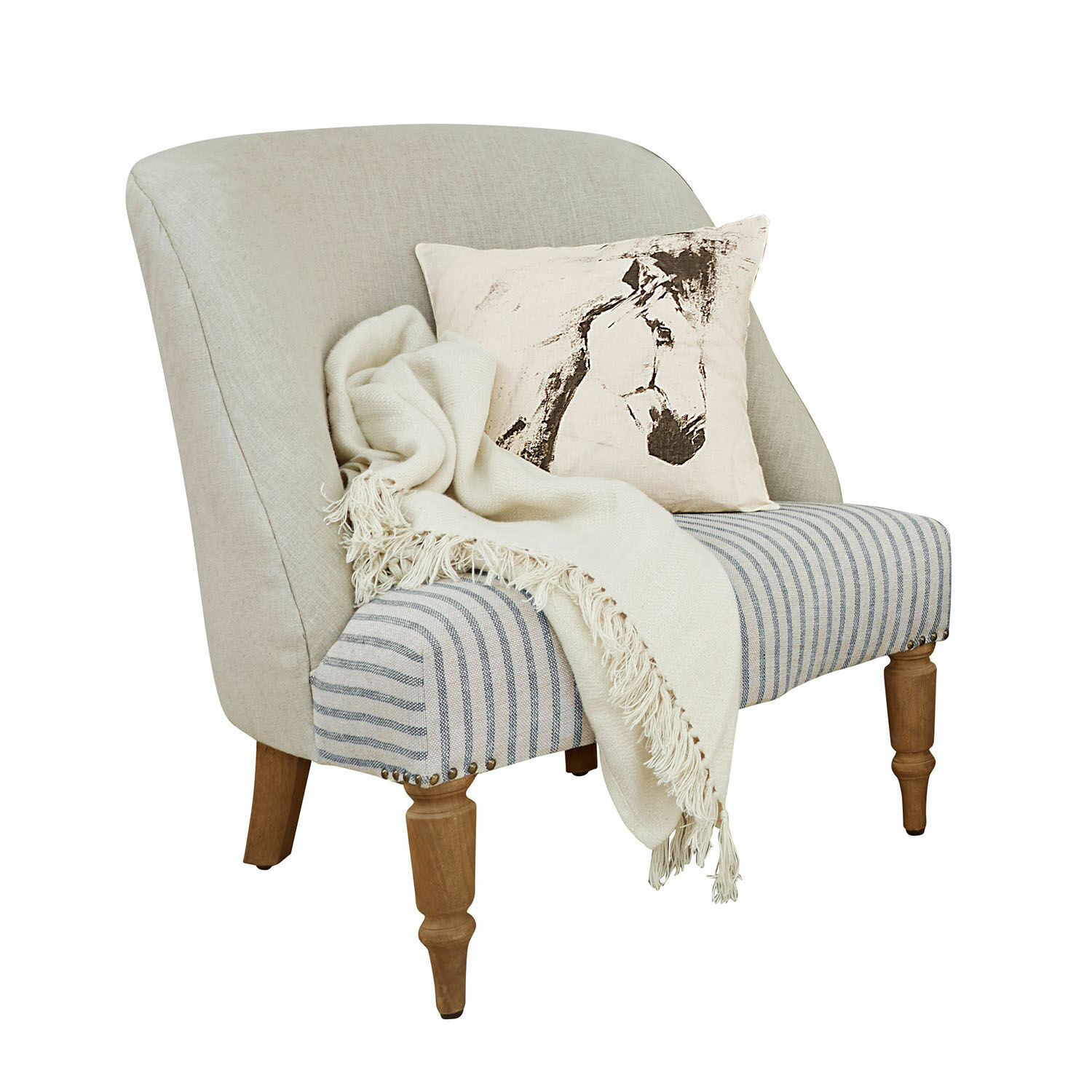 Sillón Maplewood Sillón beige con patas de madera, asiento a rayas y cojín con diseño de caballo