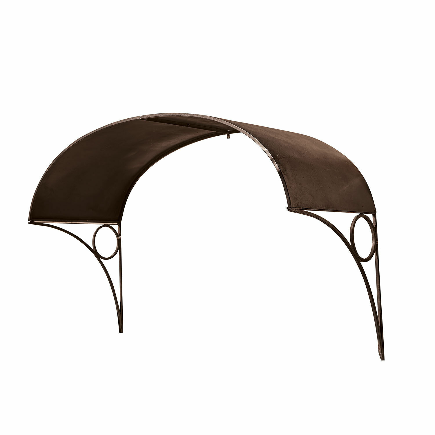 Tejadillo Auburn Toldo metálico marrón con estructura arqueada y círculo decorativo, protección exterior para puertas