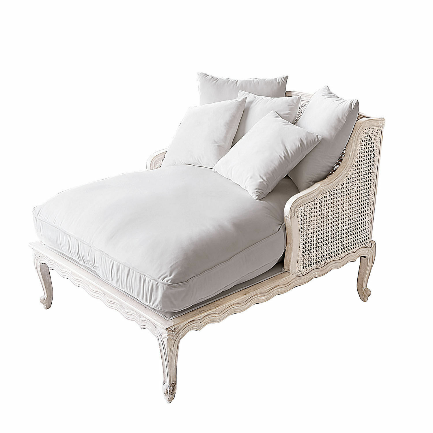 marrón Chaiselongue Dronne de madera marrón claro con cojines blancos, mueble cómodo para salón