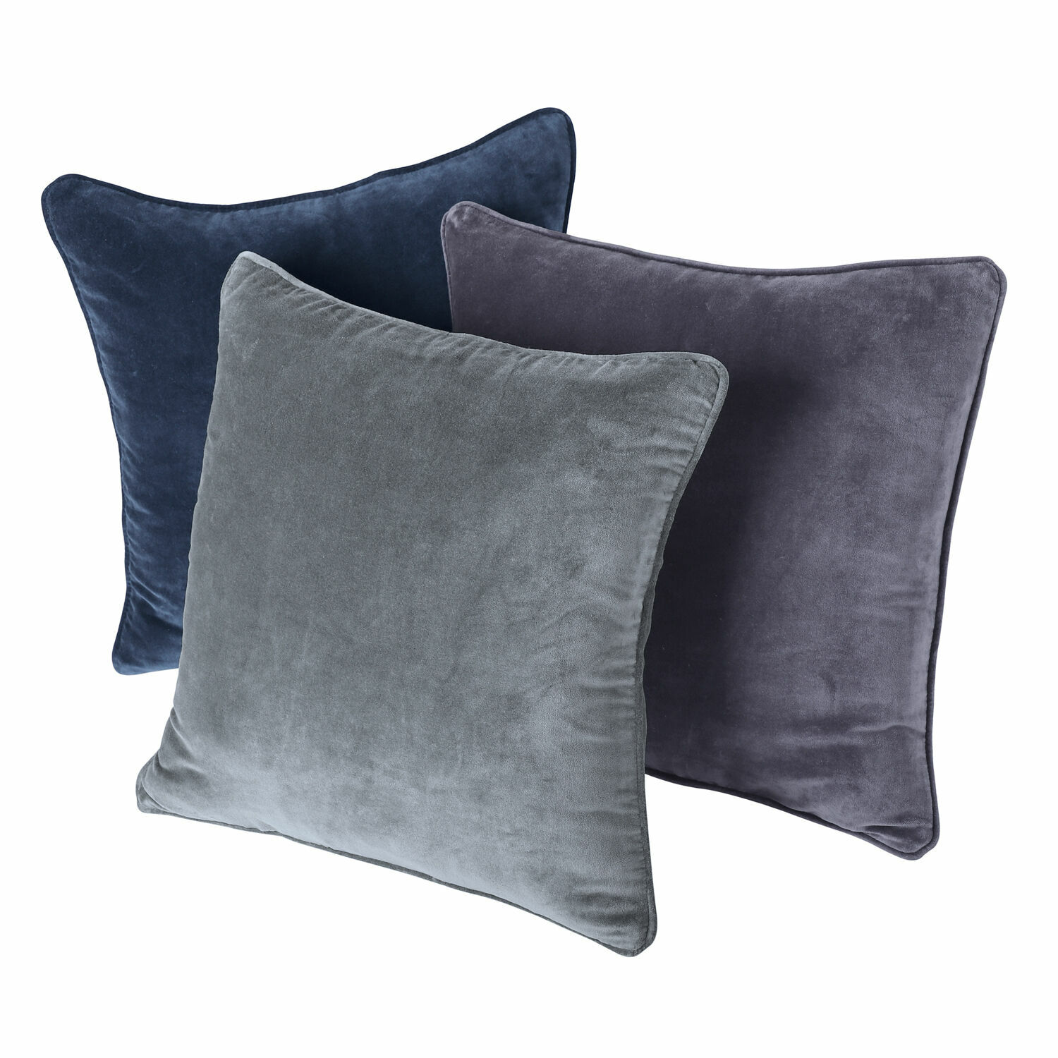 Set de 3 cojines Amalina de tela suave en azul, azul claro y gris para decoración del hogar