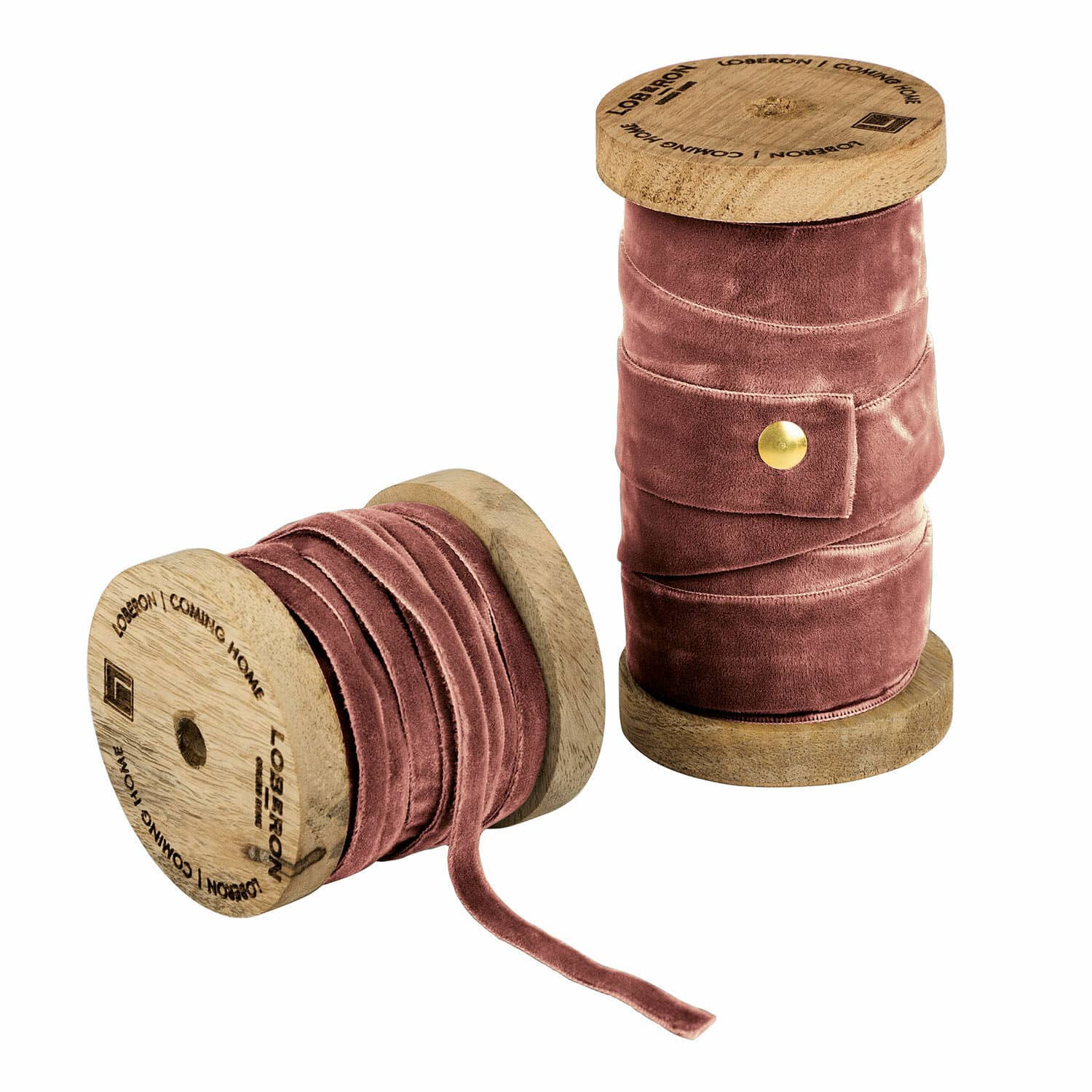 Set de dos cintas de terciopelo rosa en carretes de madera para decoración y manualidades