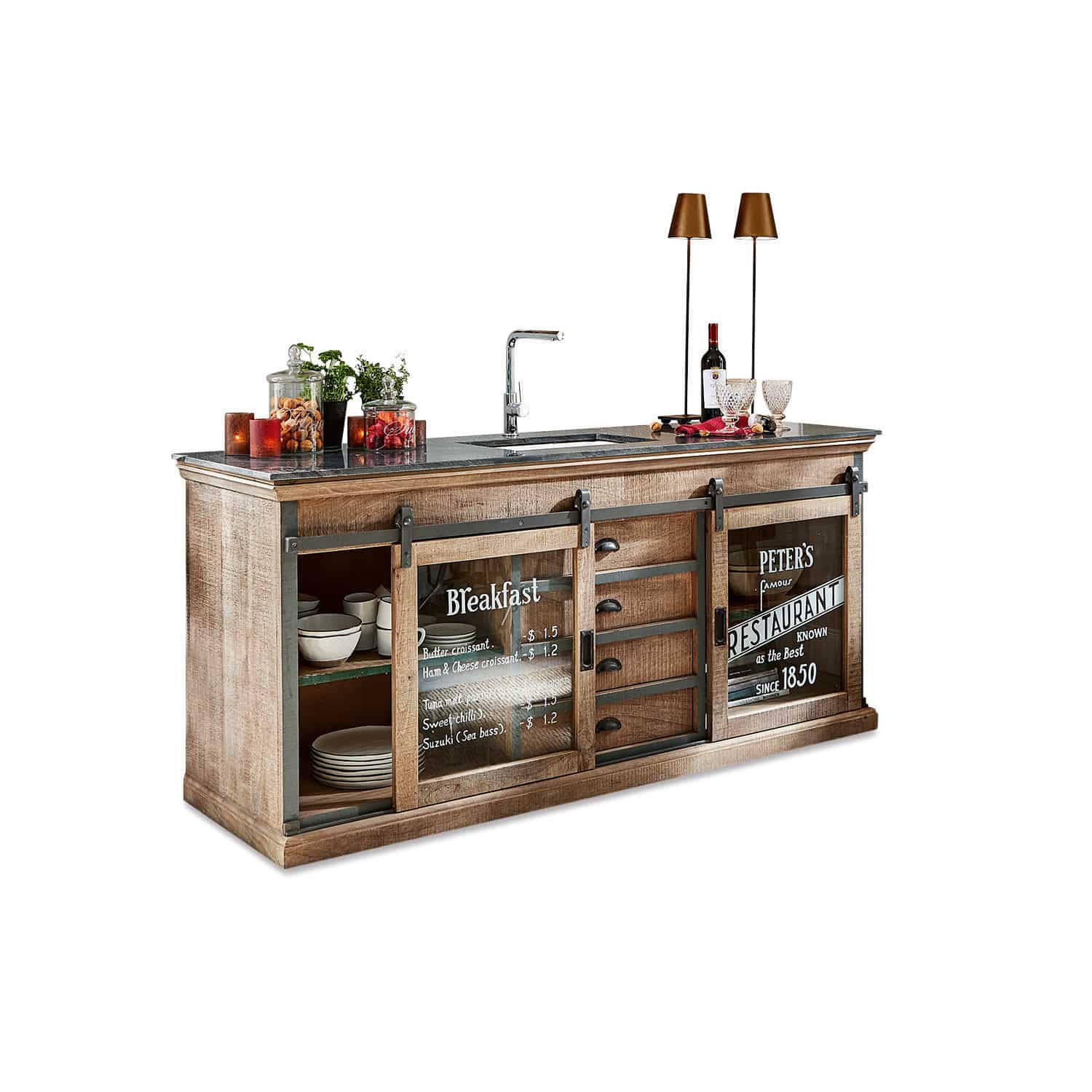Fregadero Holbrook Isla de cocina de madera con encimera negra y puertas de cristal con menú de desayuno impreso