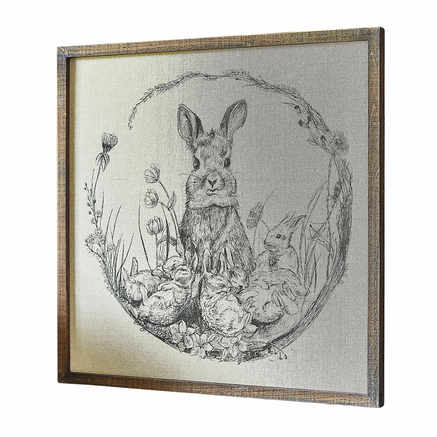 Cuadro decorativo Orolac Cuadro con marco de madera con dibujo en blanco y negro de conejo y flores sobre lienzo decorativo