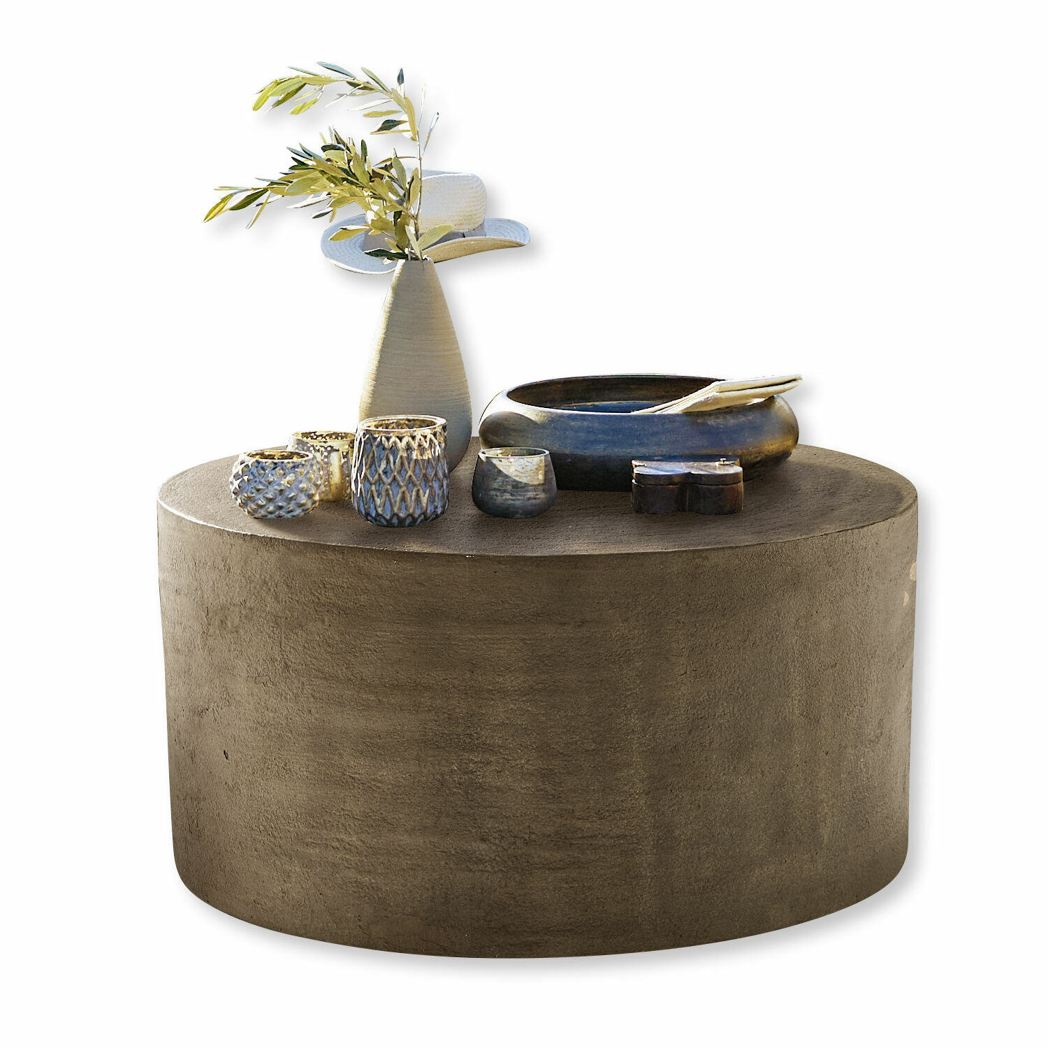 Mesa de centro Lexy Mesa de centro redonda de hormigón gris con decoraciones de cerámica y jarrón con ramas verdes