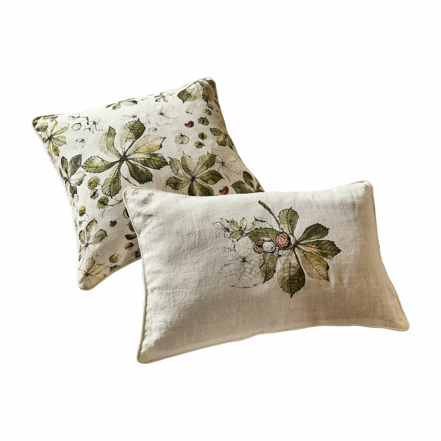 Set de 2 fundas de cojín Elsie Conjunto de dos cojines decorativos de lino color crema con hojas verdes y diseño botánico