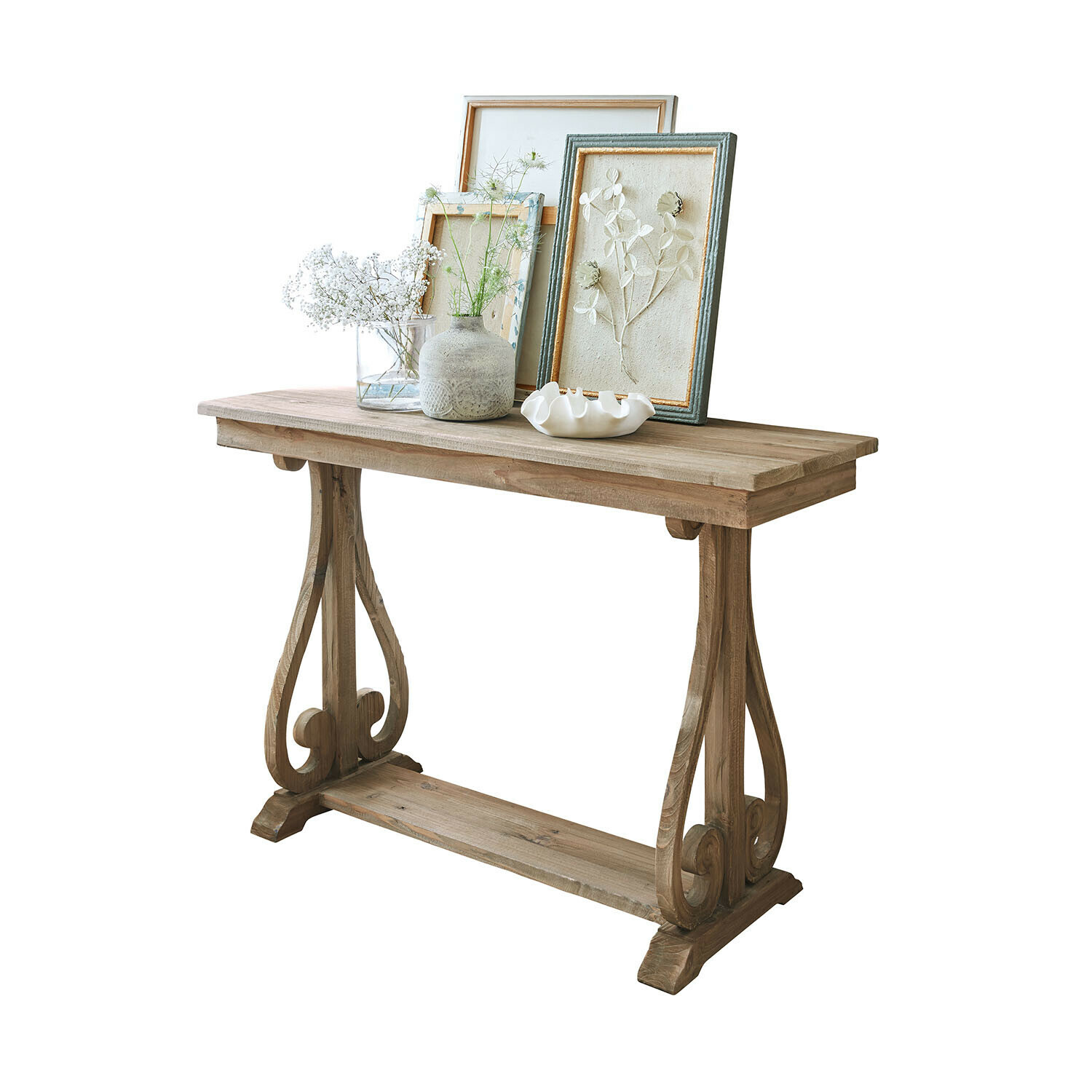Consola Chavignac Consola de madera con patas decorativas y adornos florales en la superficie estilo vintage
