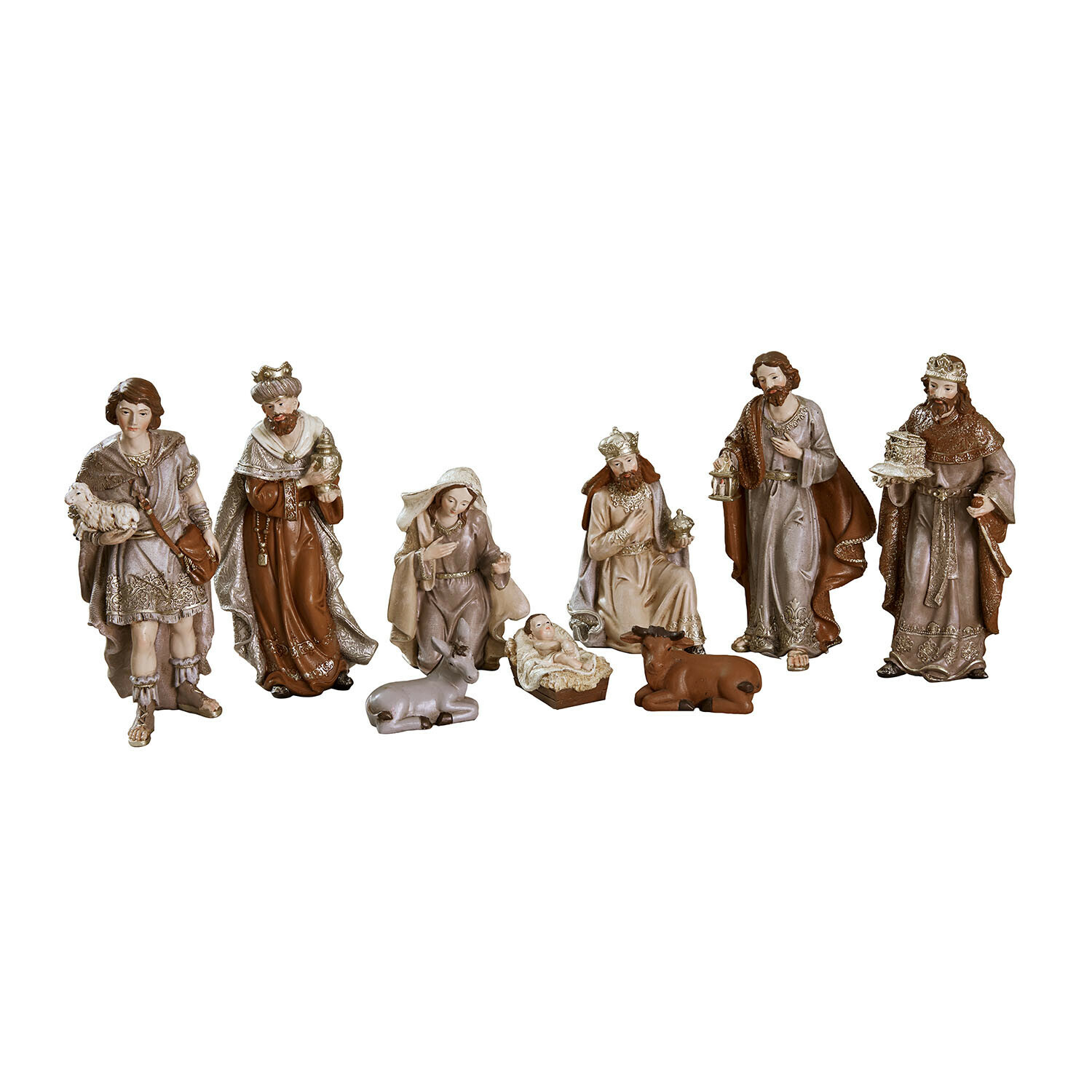 Set de 9 figuritas de belén Caprinas Conjunto de figuras de belén en tonos marrones y beige, decoración navideña tradicional con personajes