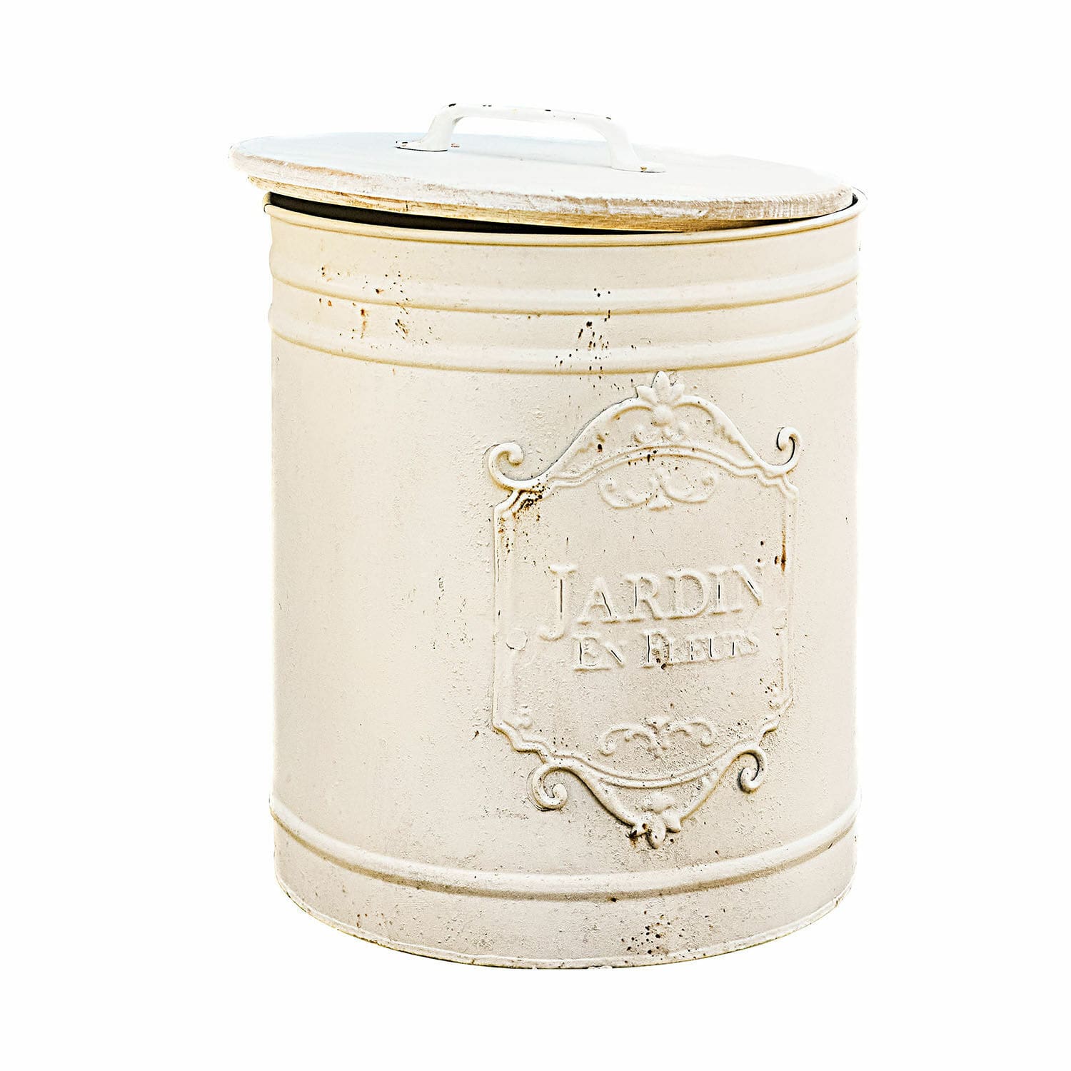 Papelera Towson Contenedor metálico vintage color crema con tapa y inscripción decorativa Jardin