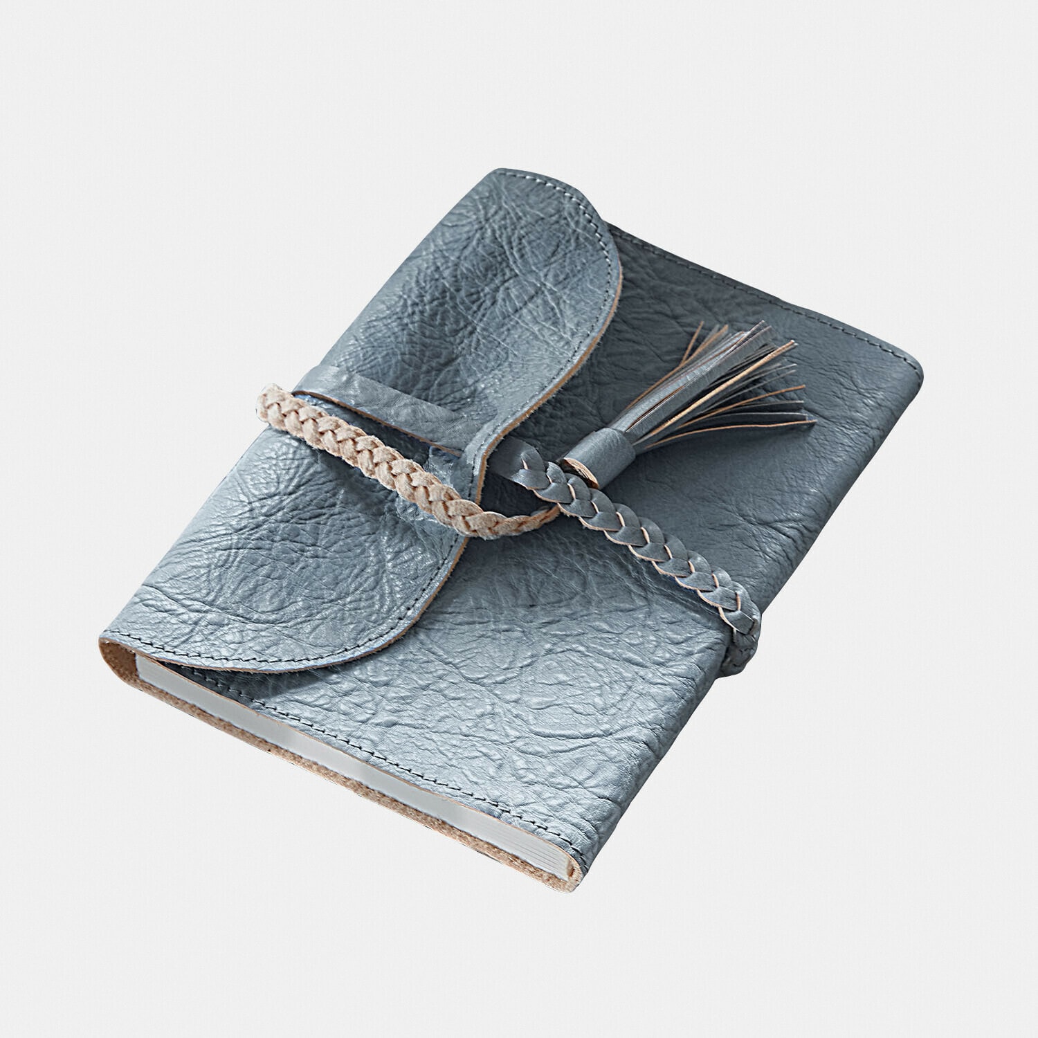 Cuaderno Larkwin Cuaderno gris de cuero suave con correa trenzada y borla, elegante bloc de notas para escribir