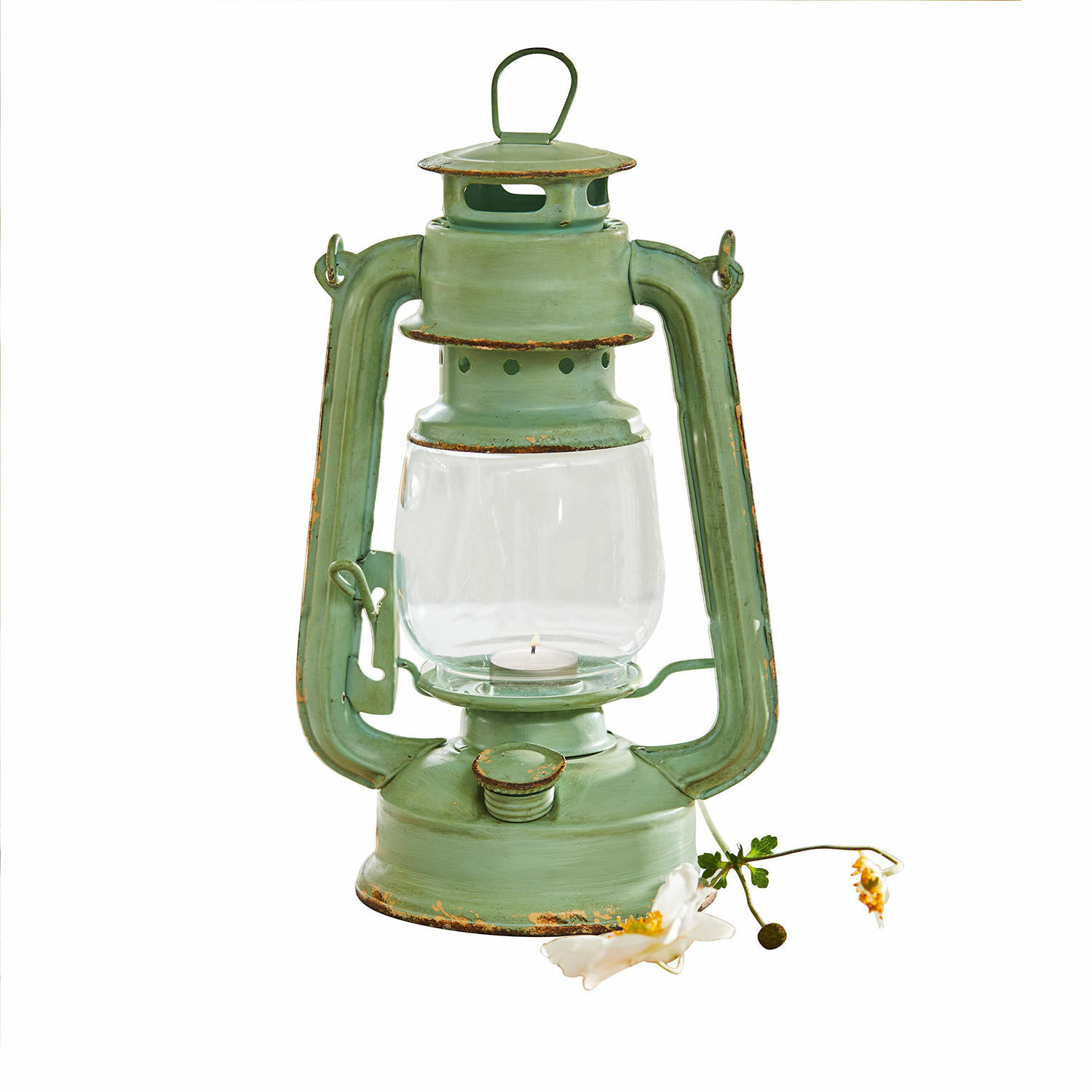 Farolillo Clemence Linterna metálica verde envejecida con vidrio para vela tealight decorativa