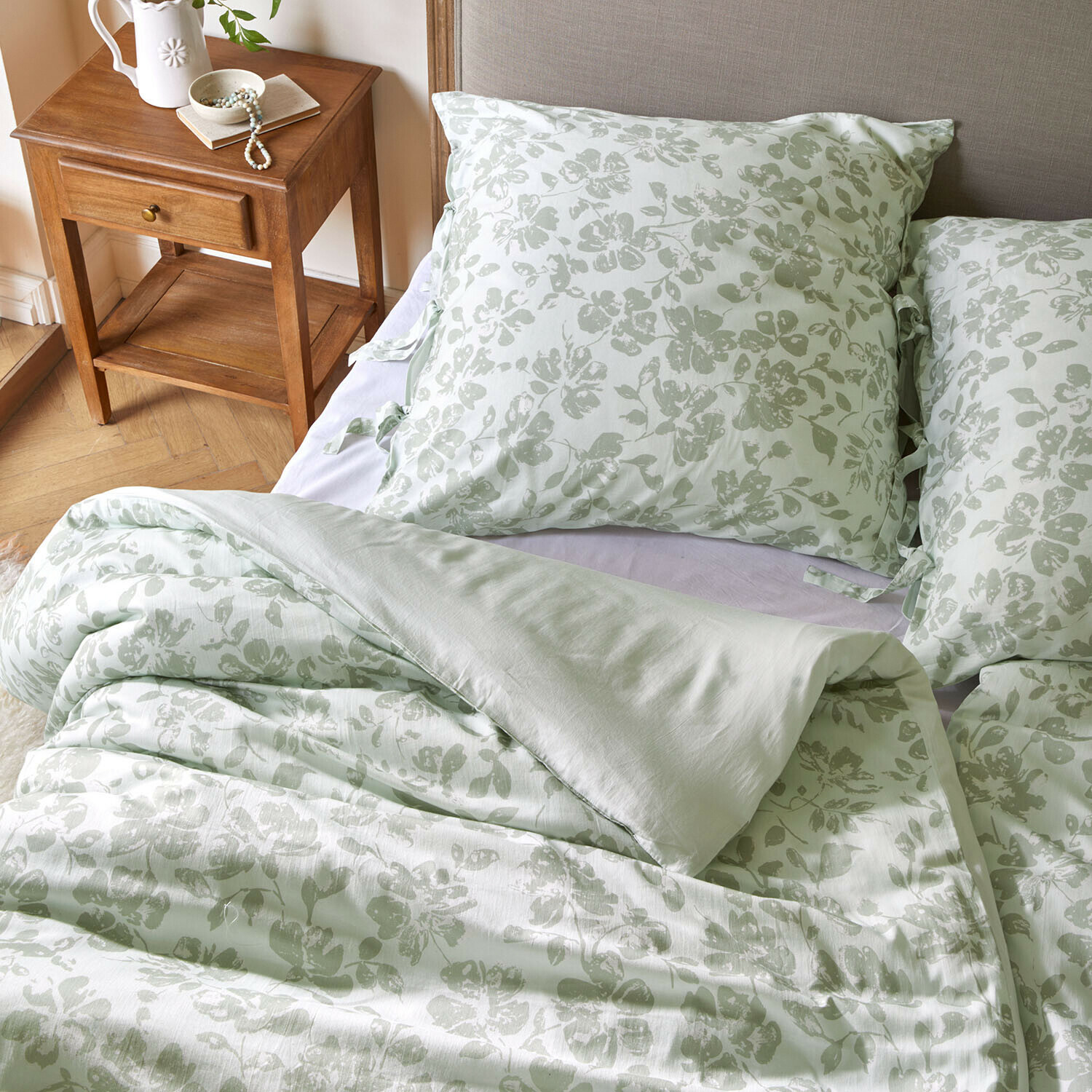 Ropa de cama Walerina Ropa de cama de algodón verde claro con diseño floral, suave y cómoda para dormitorio