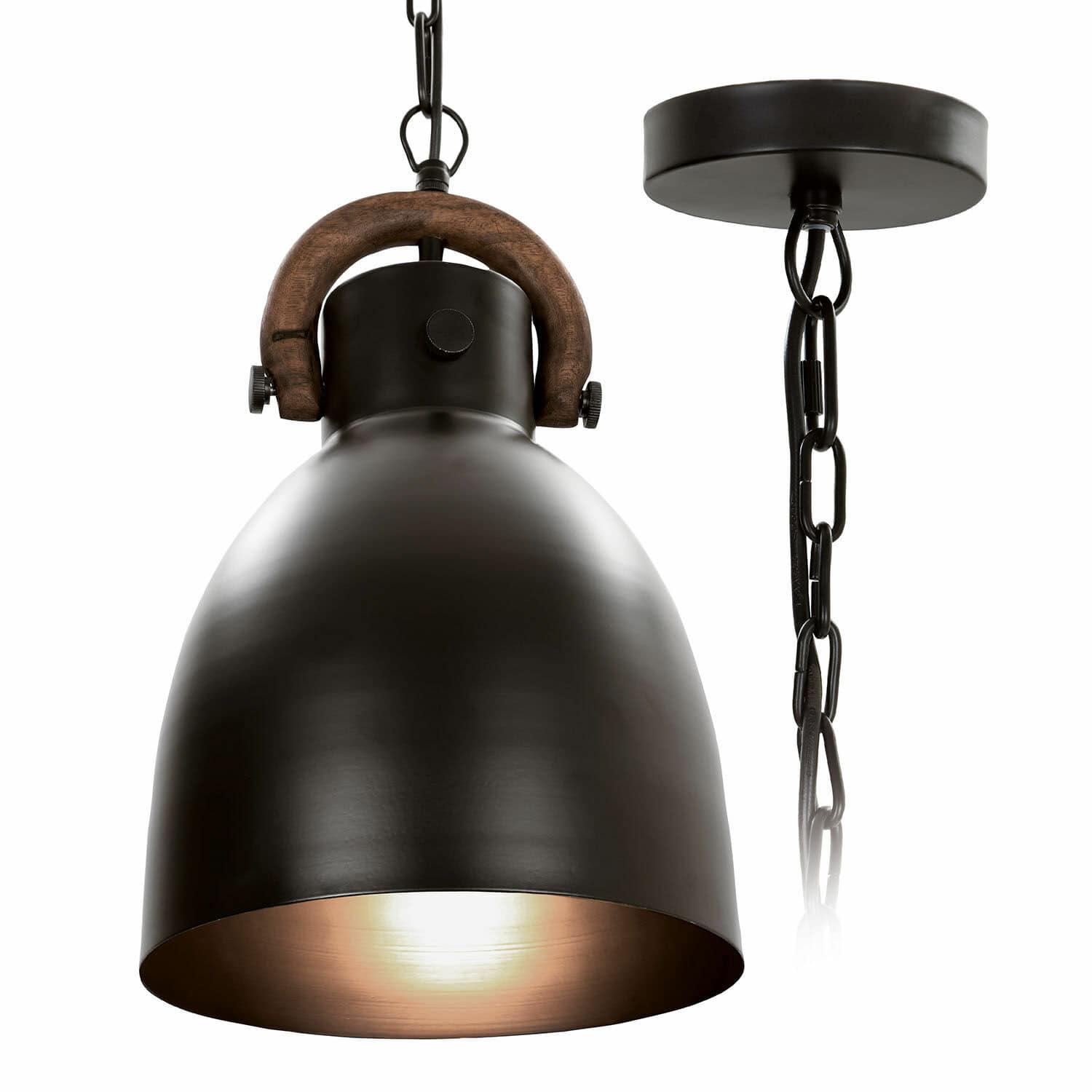 Lámpara colgante Walcote Lámpara colgante de metal negro con asa de madera y cadena, iluminación de estilo industrial