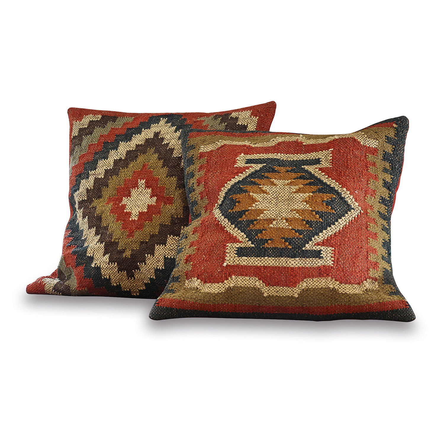 Set de 2 fundas de cojín Dailies Dos cojines decorativos de tela con patrones geométricos en tonos cálidos de rojo y marrón
