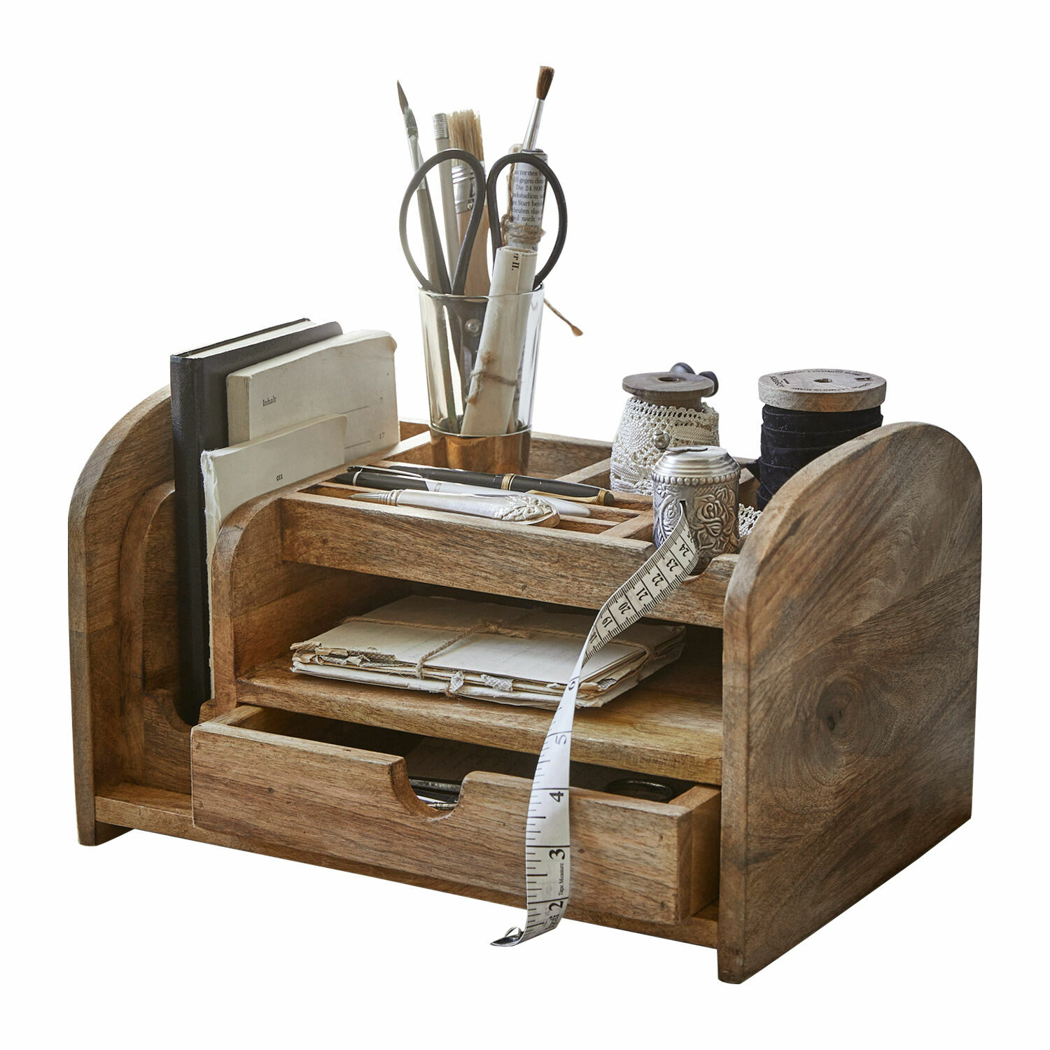 Organizador Elwood Organizador de escritorio de madera con cajón y compartimentos para útiles de escritura y costura