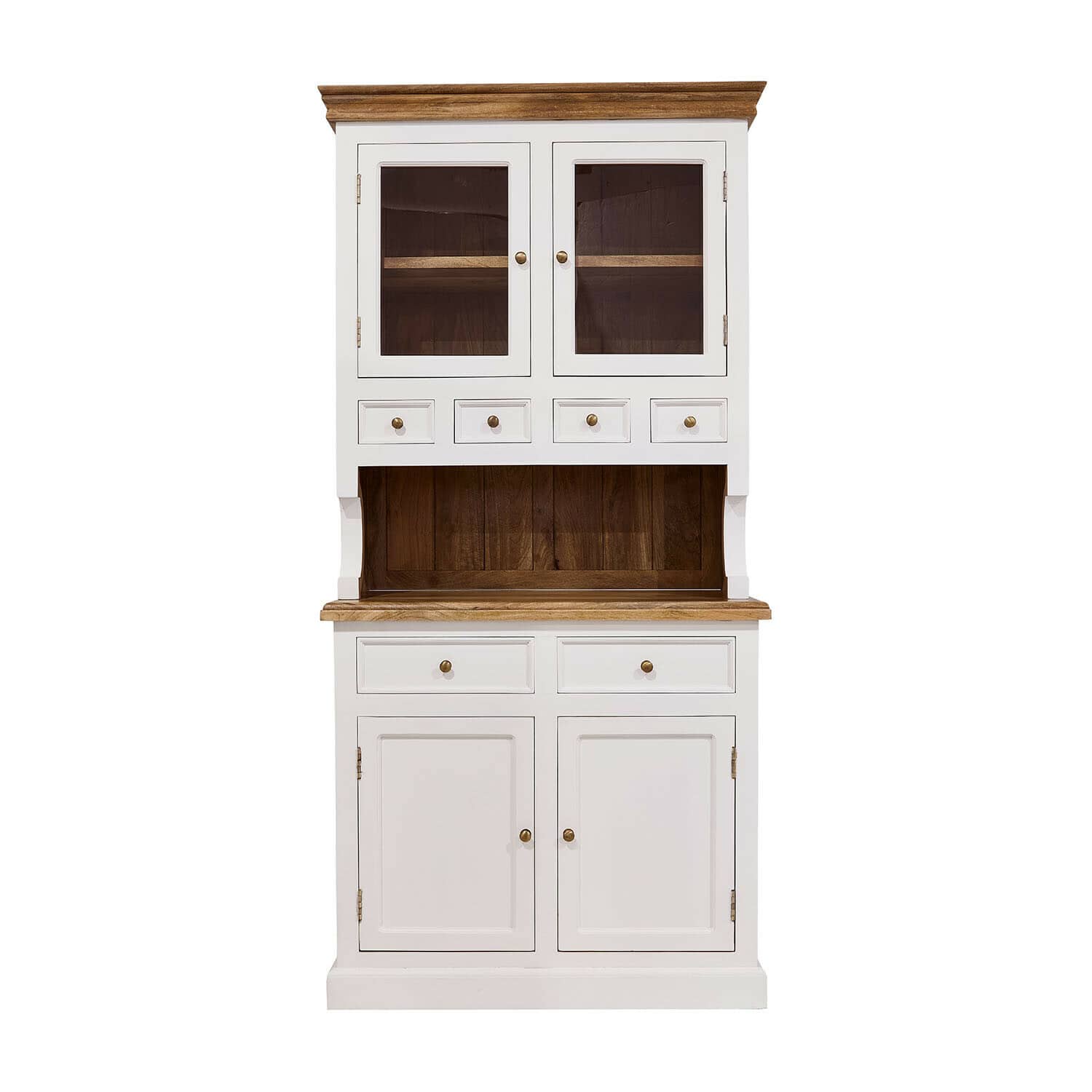 Alacena Kenwick Aparador de madera blanca con cajones y puertas de cristal, encimera e interior de madera natural