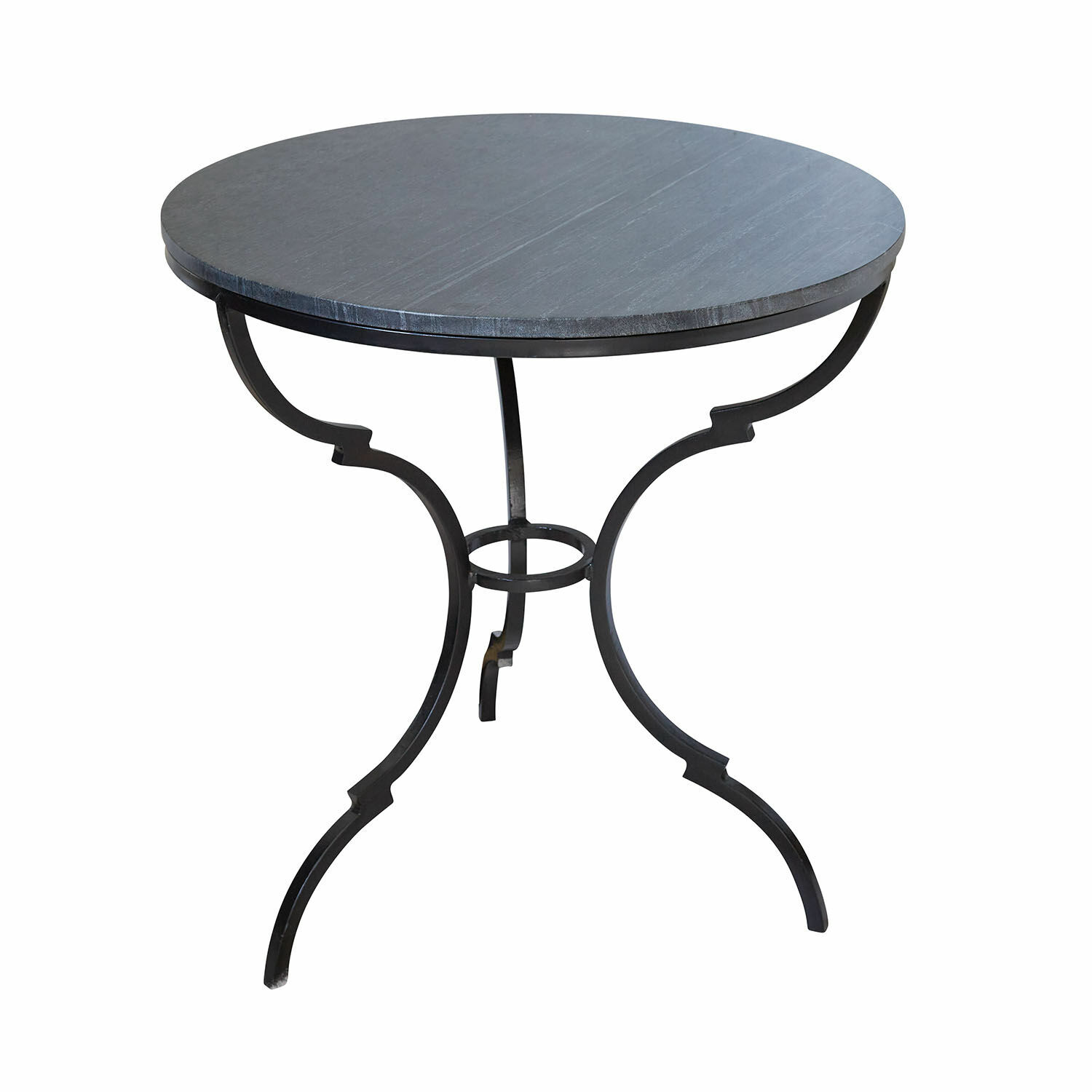 Mesa auxiliar Clairvelle Mesa redonda con superficie de piedra gris y estructura metálica negra, mueble elegante para salón